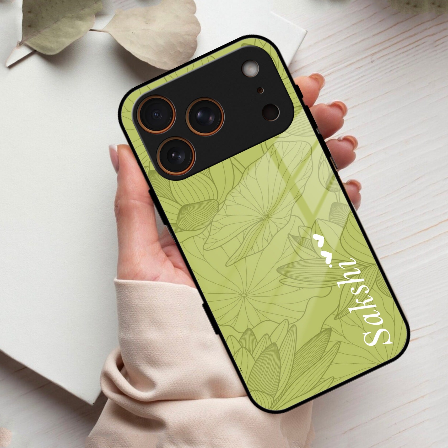 Customized luxury Mint Green leaves Glass Case Cover For iPhone 17 Pro