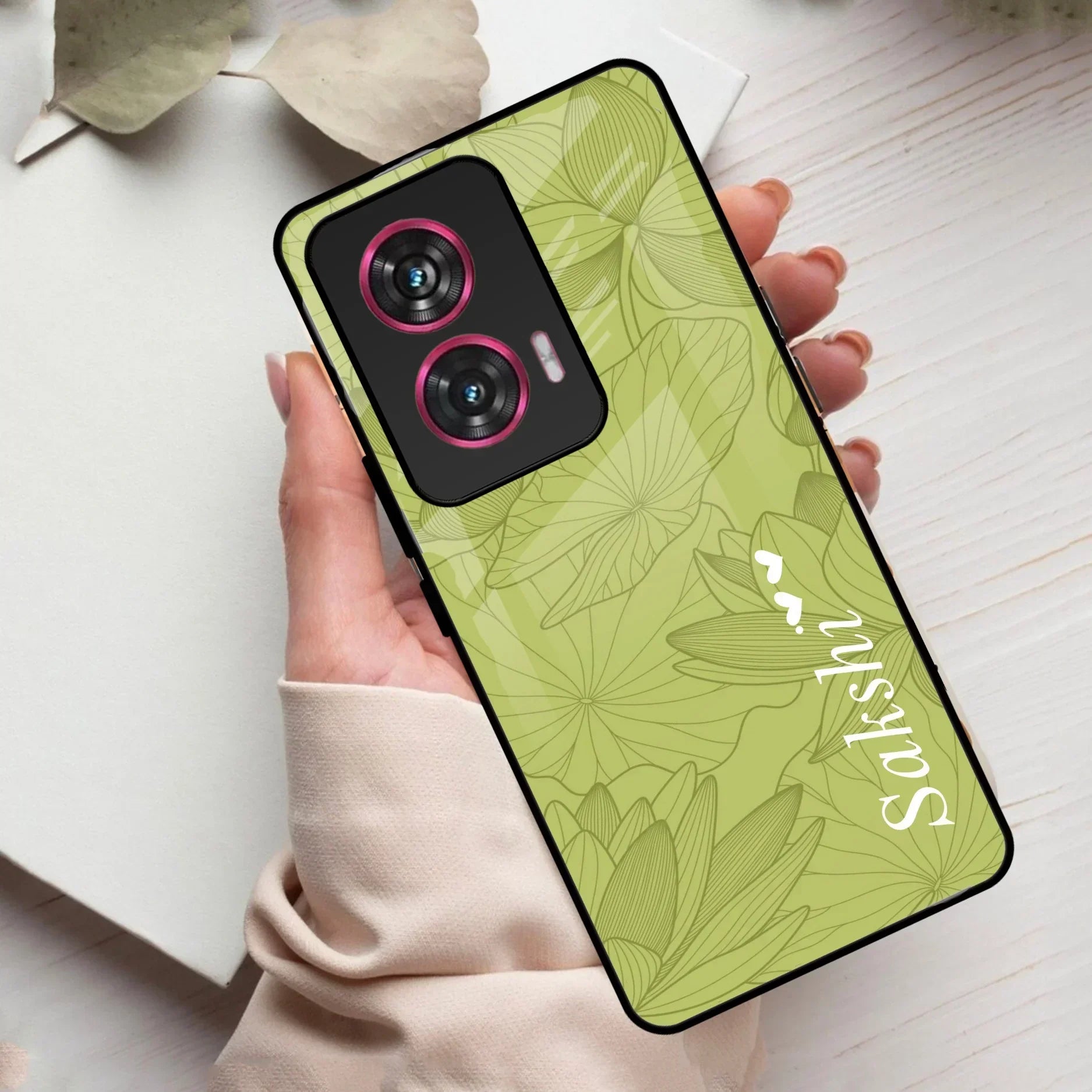 Customized luxury Mint Green leaves Glass Case Cover For Motorola - ShopOnCliQ