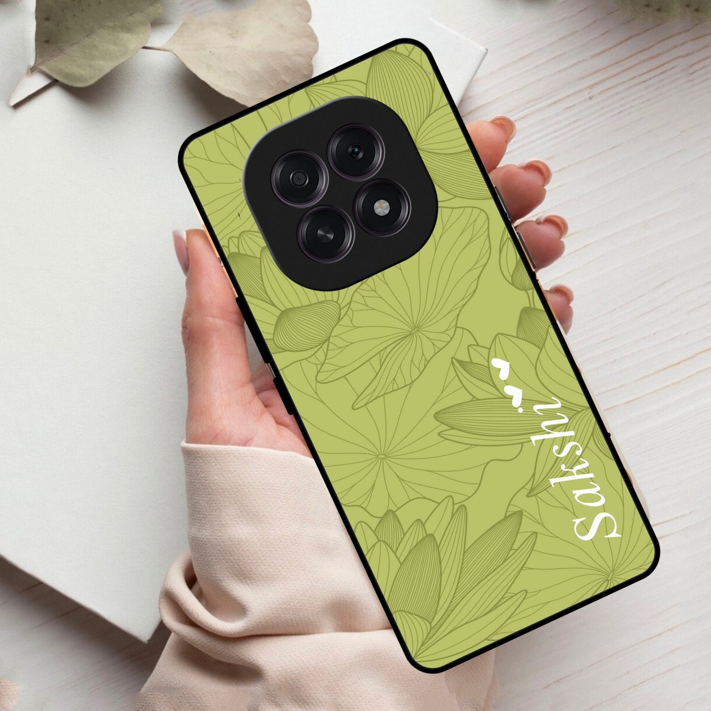 Customized luxury Mint Green leaves Glass Case Cover For Oppo