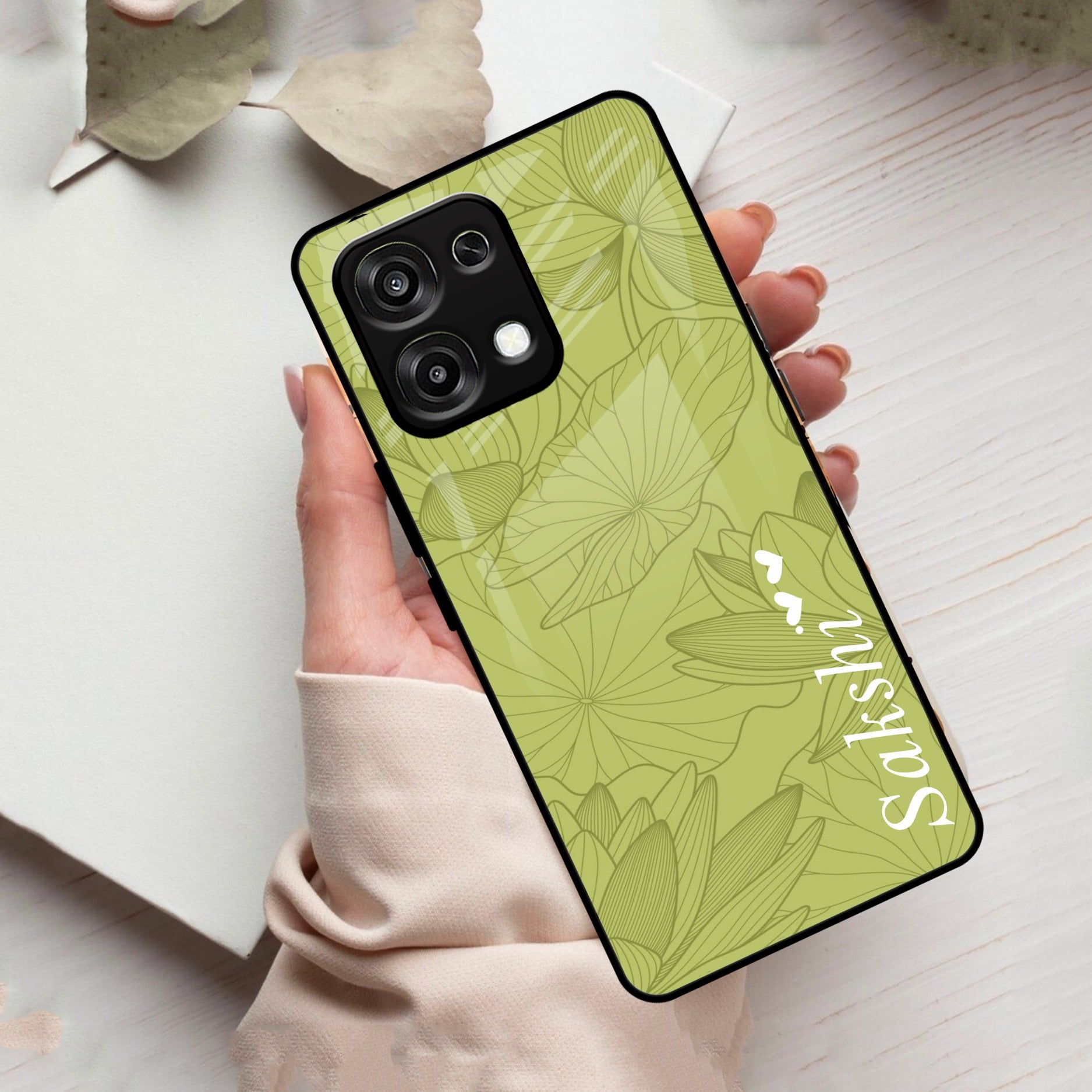 Customized luxury Mint Green leaves Glass Case Cover For Oppo