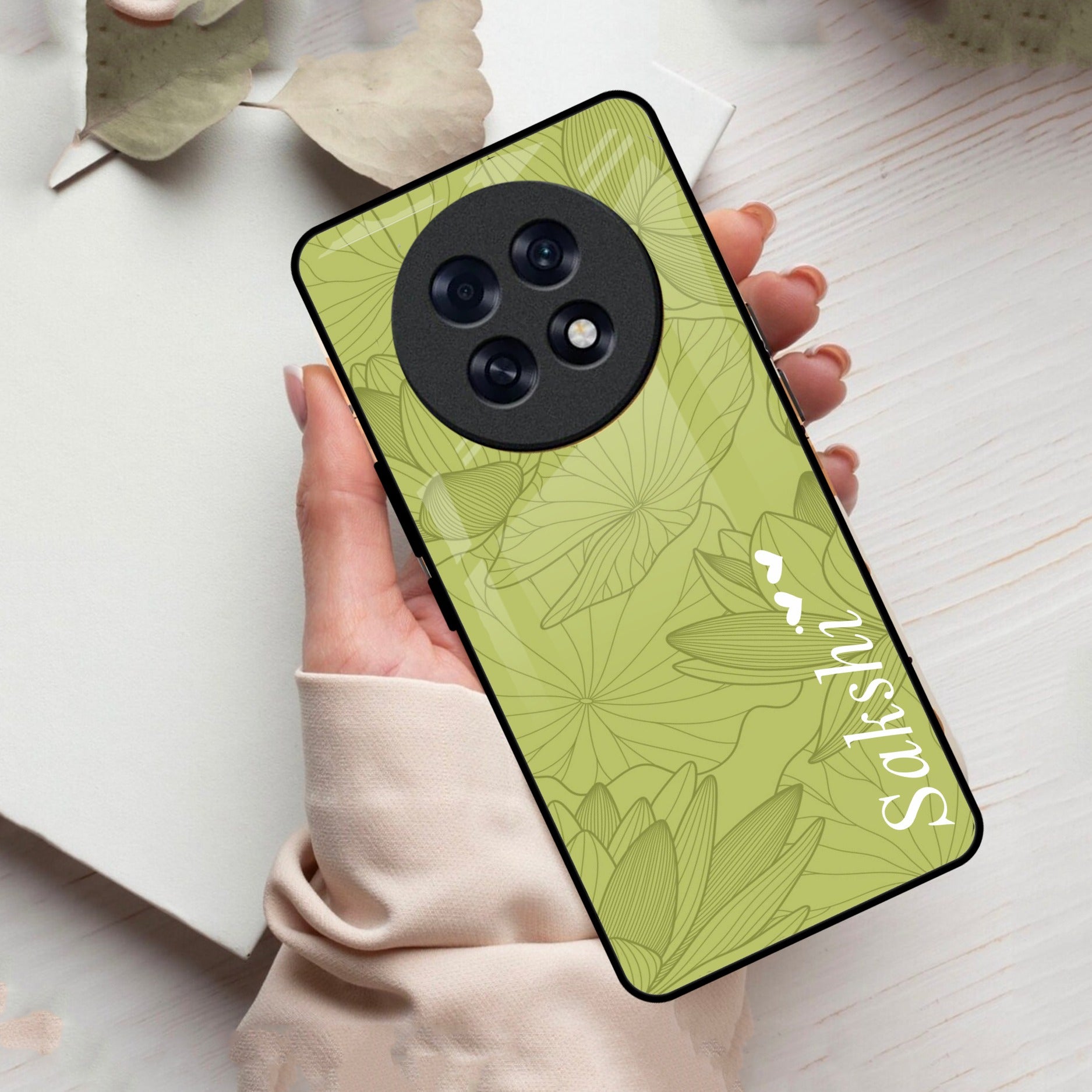 Customized luxury Mint Green leaves Glass Case Cover For Oppo
