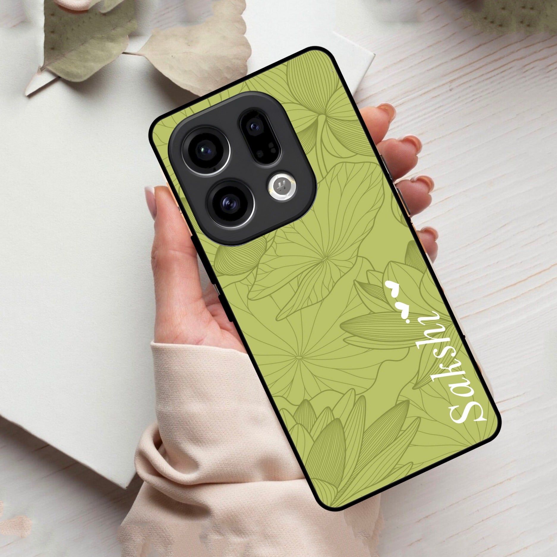 Customized luxury Mint Green leaves Glass Case Cover For Oppo
