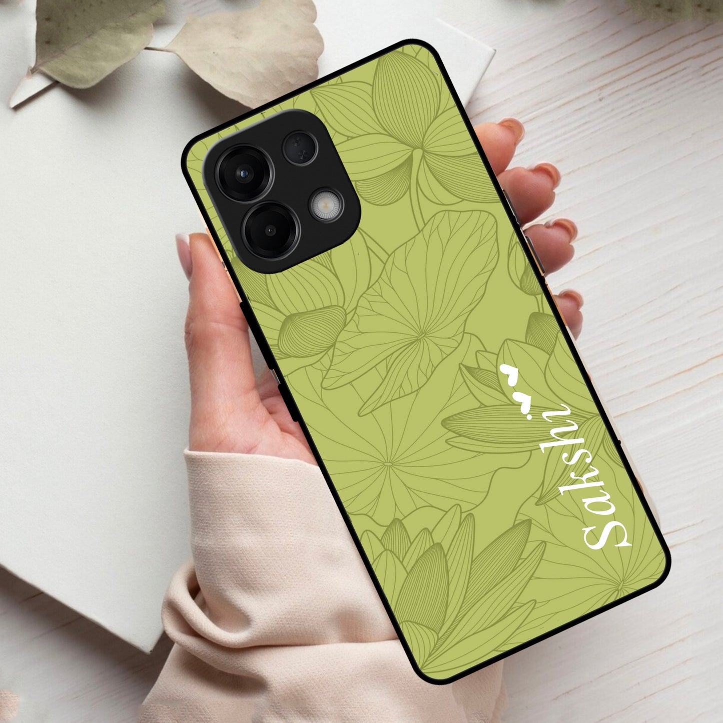 Customized luxury Mint Green leaves Glass Case Cover For Oppo