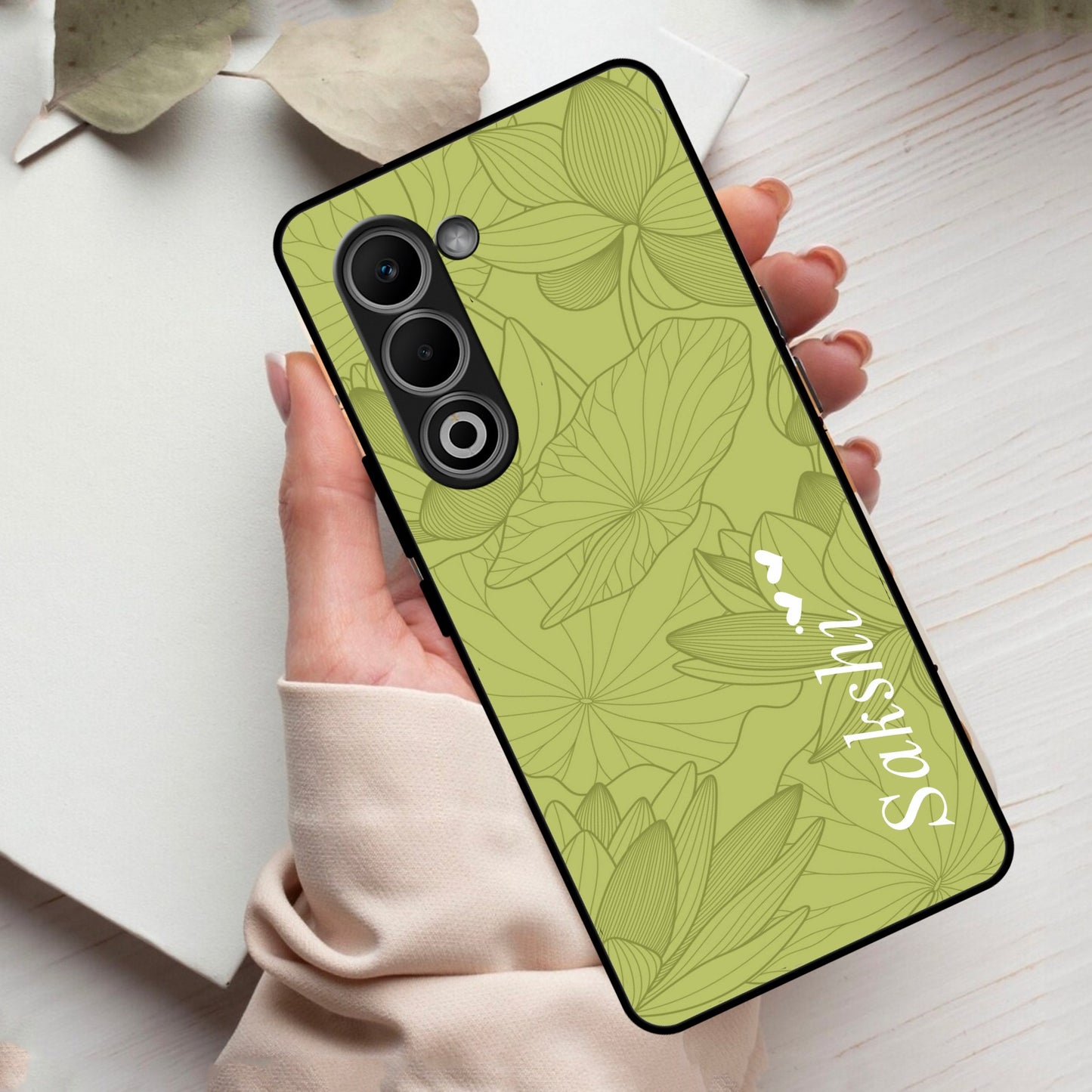 Customized luxury Mint Green leaves Glass Case Cover For Oppo