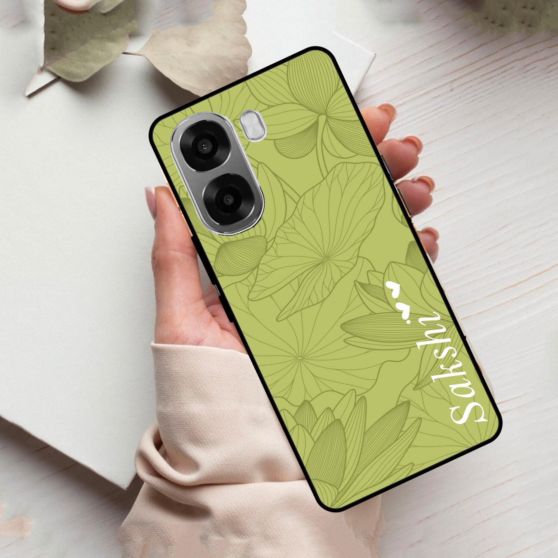 Customized luxury Mint Green leaves Glass Case Cover For Oppo