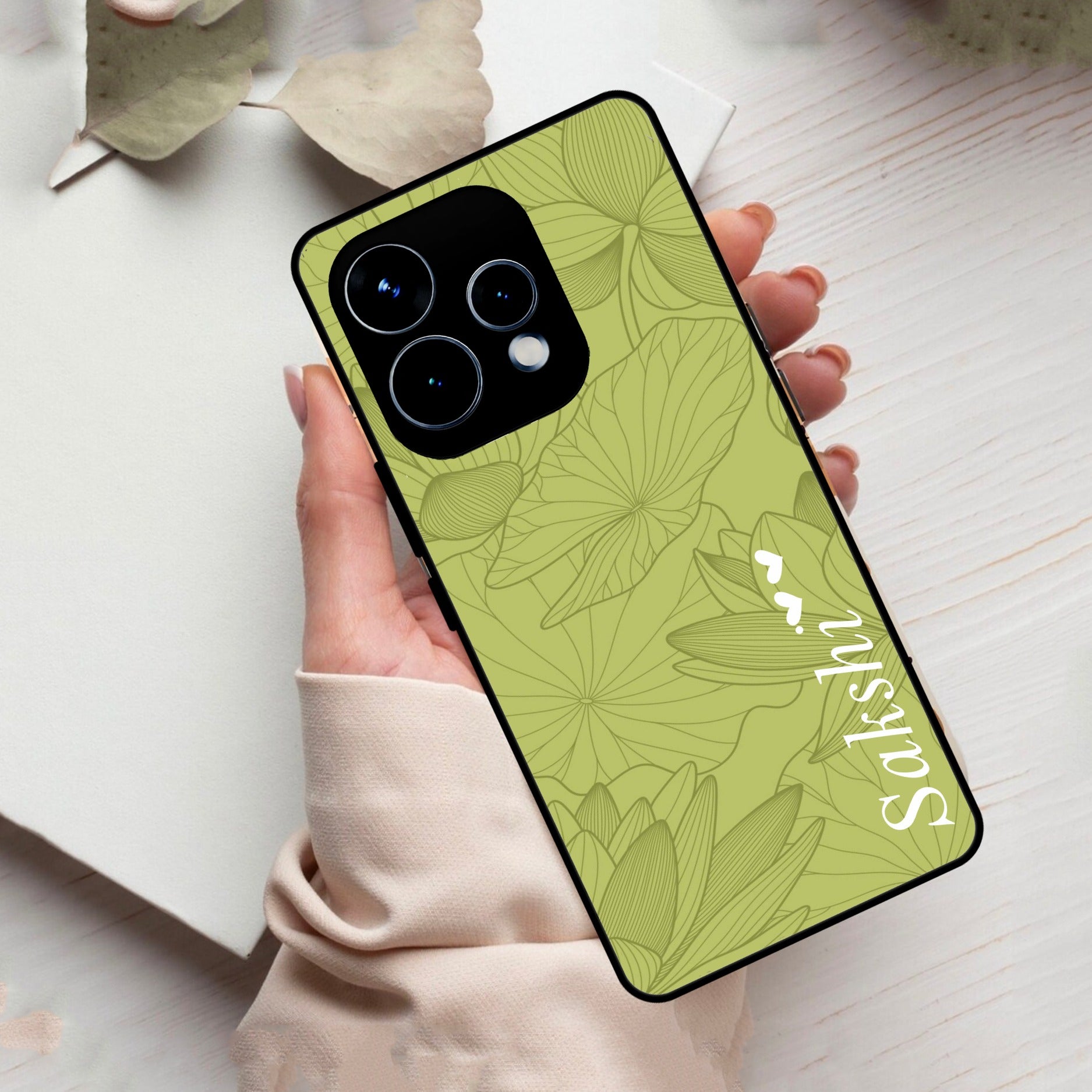 Customized luxury Mint Green leaves Glass Case Cover For Oppo