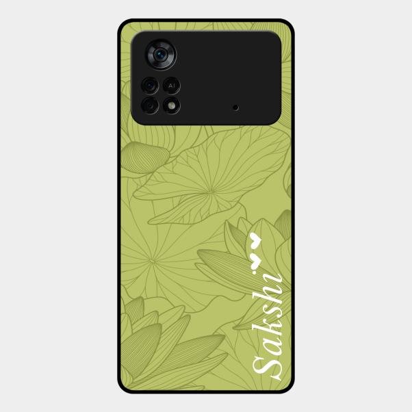 Customized luxury Mint Green leaves Glass Case Cover For Poco X4 Pro 5G