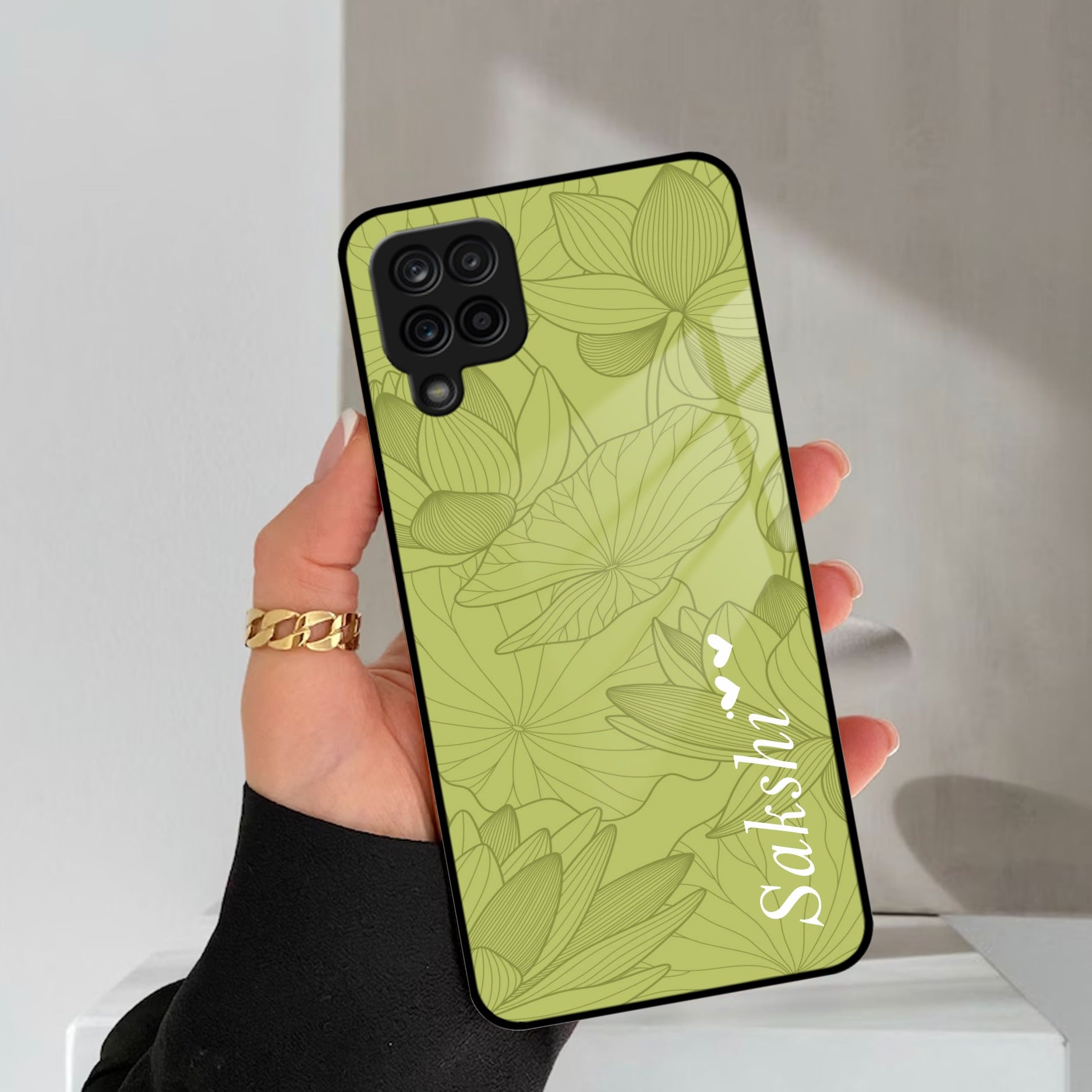 Customized luxury Mint Green leaves Glass Case Cover For Samsung Galaxy M42 5G