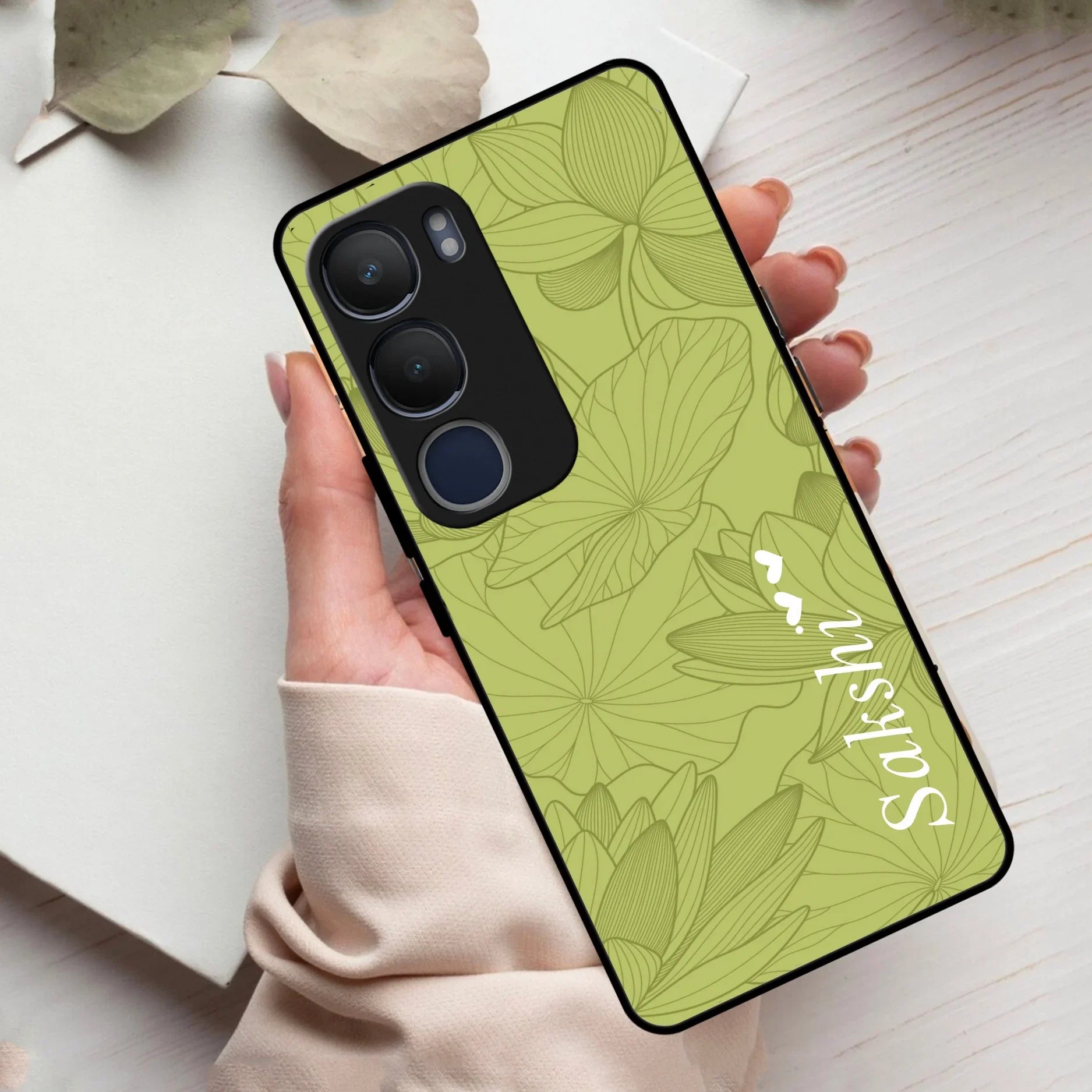 Customized luxury Mint Green leaves Glass Case Cover For Vivo - ShopOnCliQ