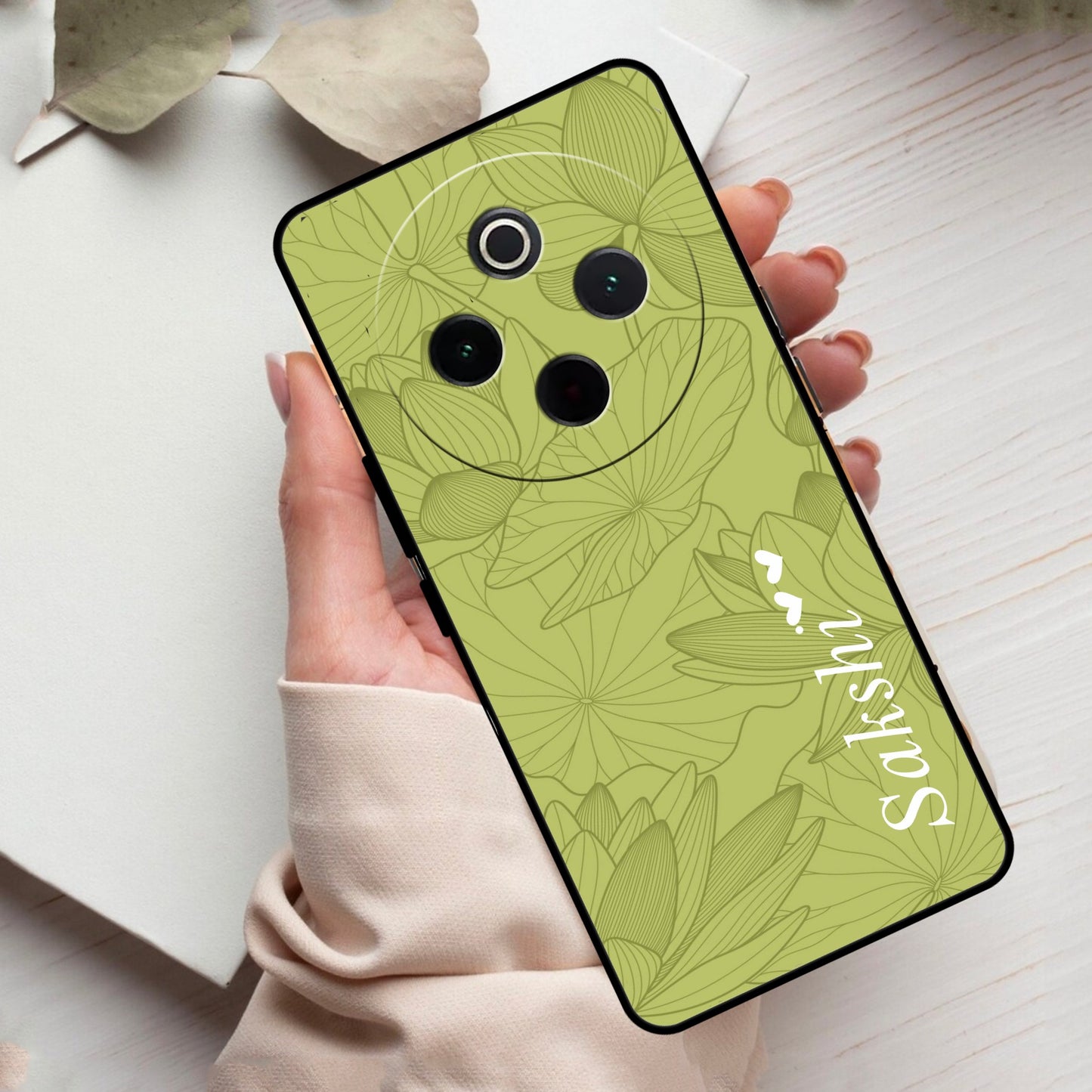 Customized luxury Mint Green leaves Glass Case Cover For Vivo