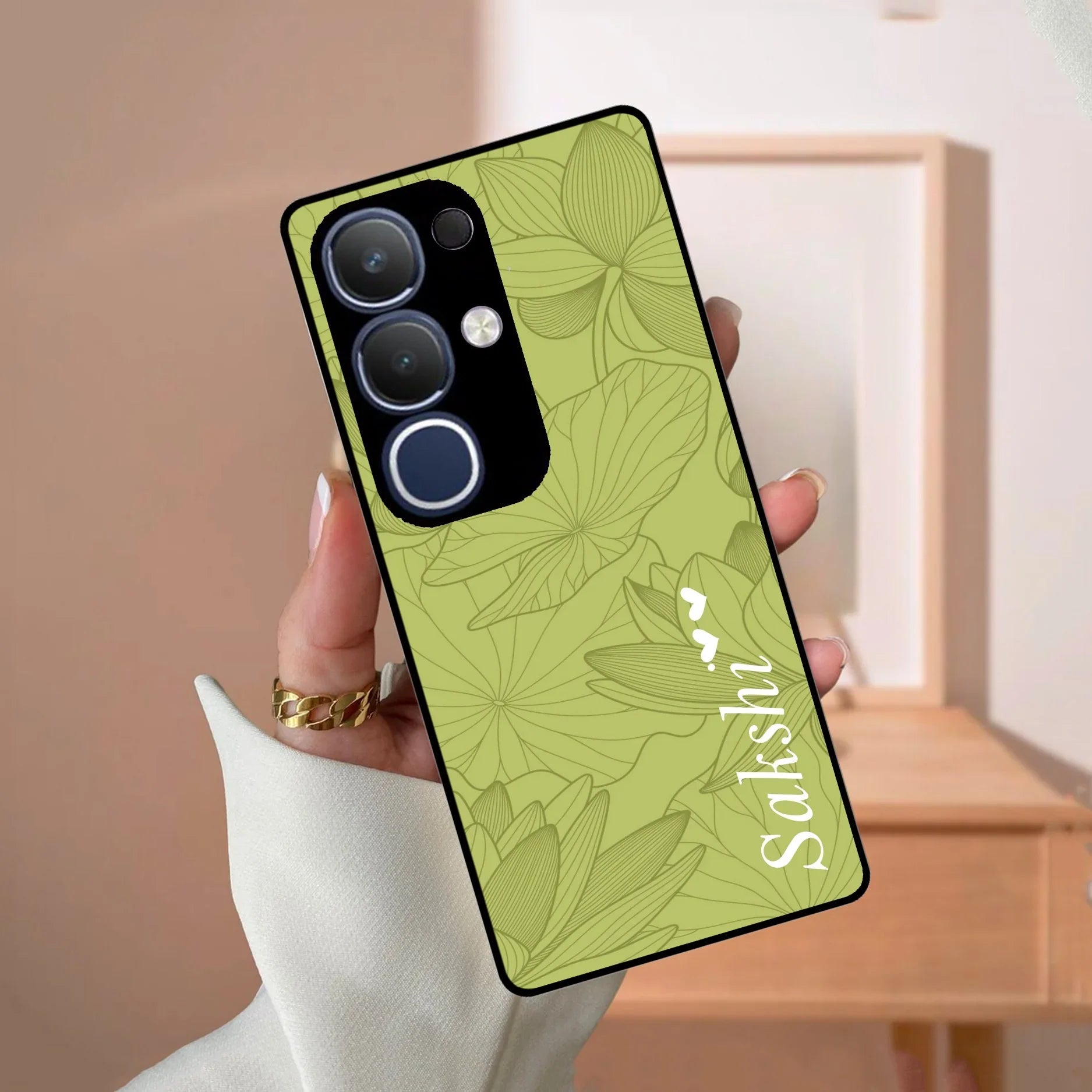Customized luxury Mint Green leaves Glass Case Cover For Vivo - ShopOnCliQ