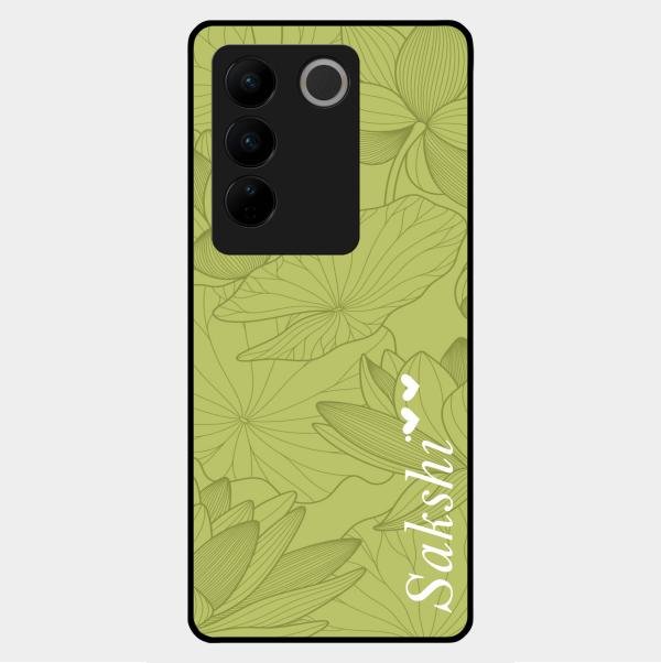Customized luxury Mint Green leaves Glass Case Cover For Vivo V27 5G