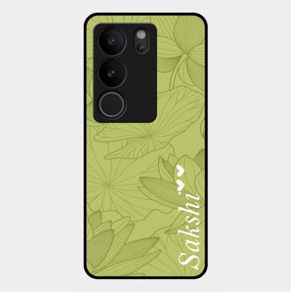 Customized luxury Mint Green leaves Glass Case Cover For Vivo V29 5G