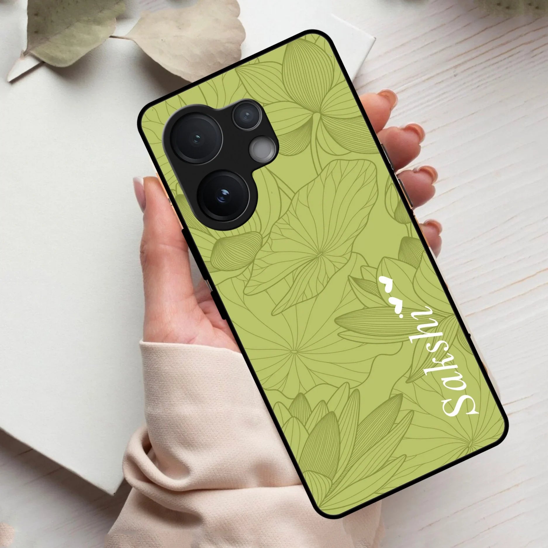 Customized luxury Mint Green leaves Glass Case Cover For Vivo - ShopOnCliQ