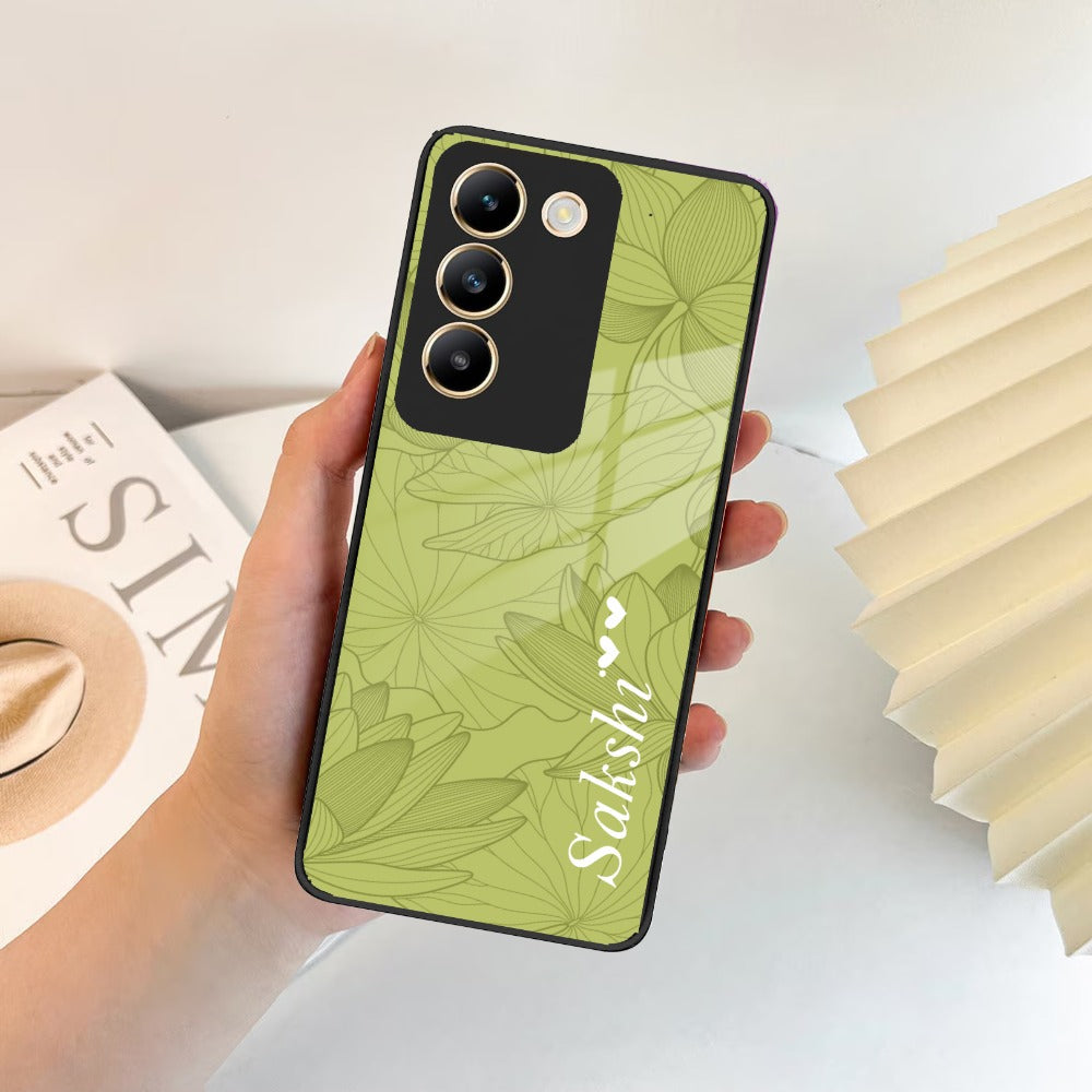 Customized luxury Mint Green leaves Glass Case Cover For Vivo