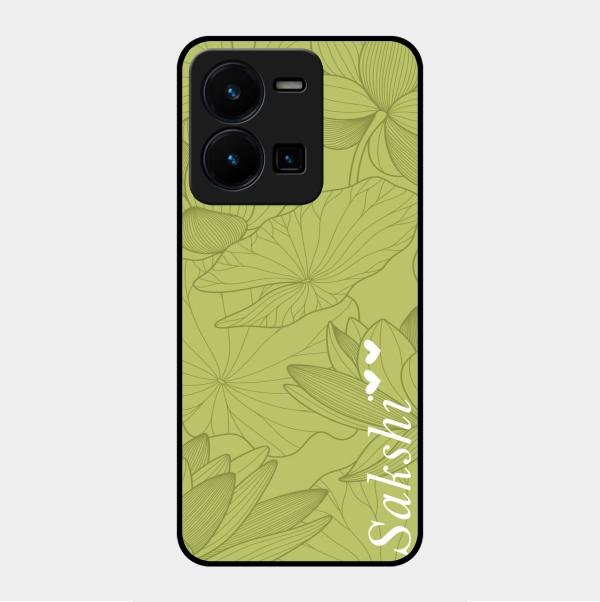Customized luxury Mint Green leaves Glass Case Cover For Vivo Y35