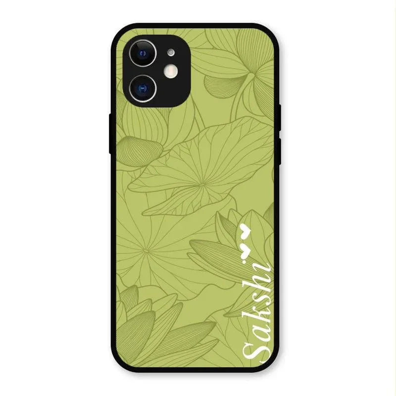 Customized luxury Mint Green leaves Glossy Metal Case Cover For iPhone 12