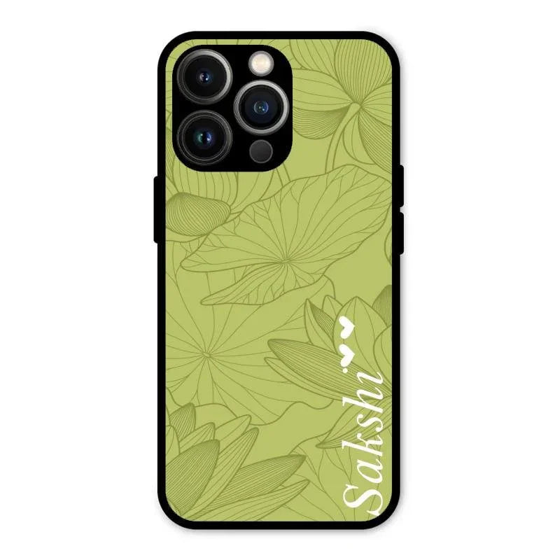 Customized luxury Mint Green leaves Glossy Metal Case Cover For iPhone 13 Pro