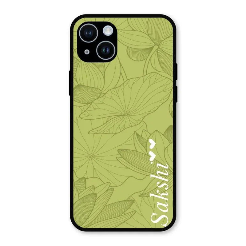 Customized luxury Mint Green leaves Glossy Metal Case Cover For iPhone 14