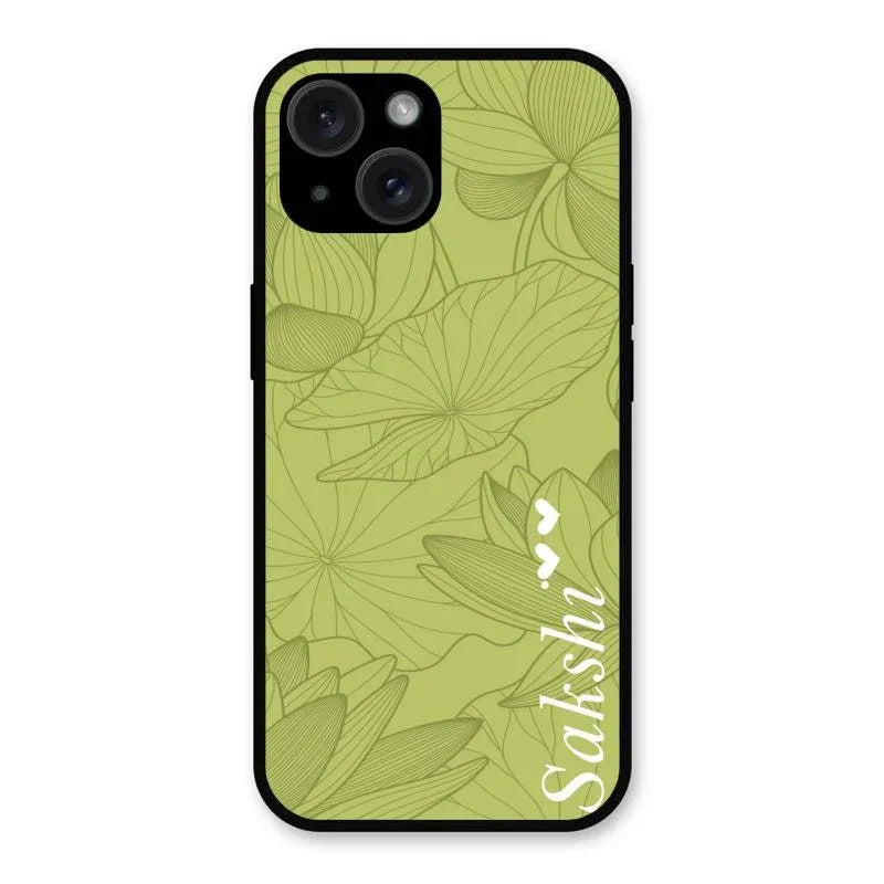 Customized luxury Mint Green leaves Glossy Metal Case Cover For iPhone 15 Plus