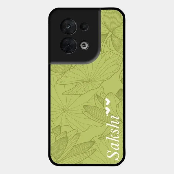 Customized luxury Mint Green leaves Glossy Metal Case Cover For Oppo Reno 8 5G