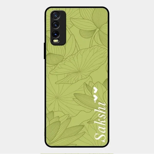 Customized luxury Mint Green leaves Glossy Metal Case Cover For Vivo Y12G