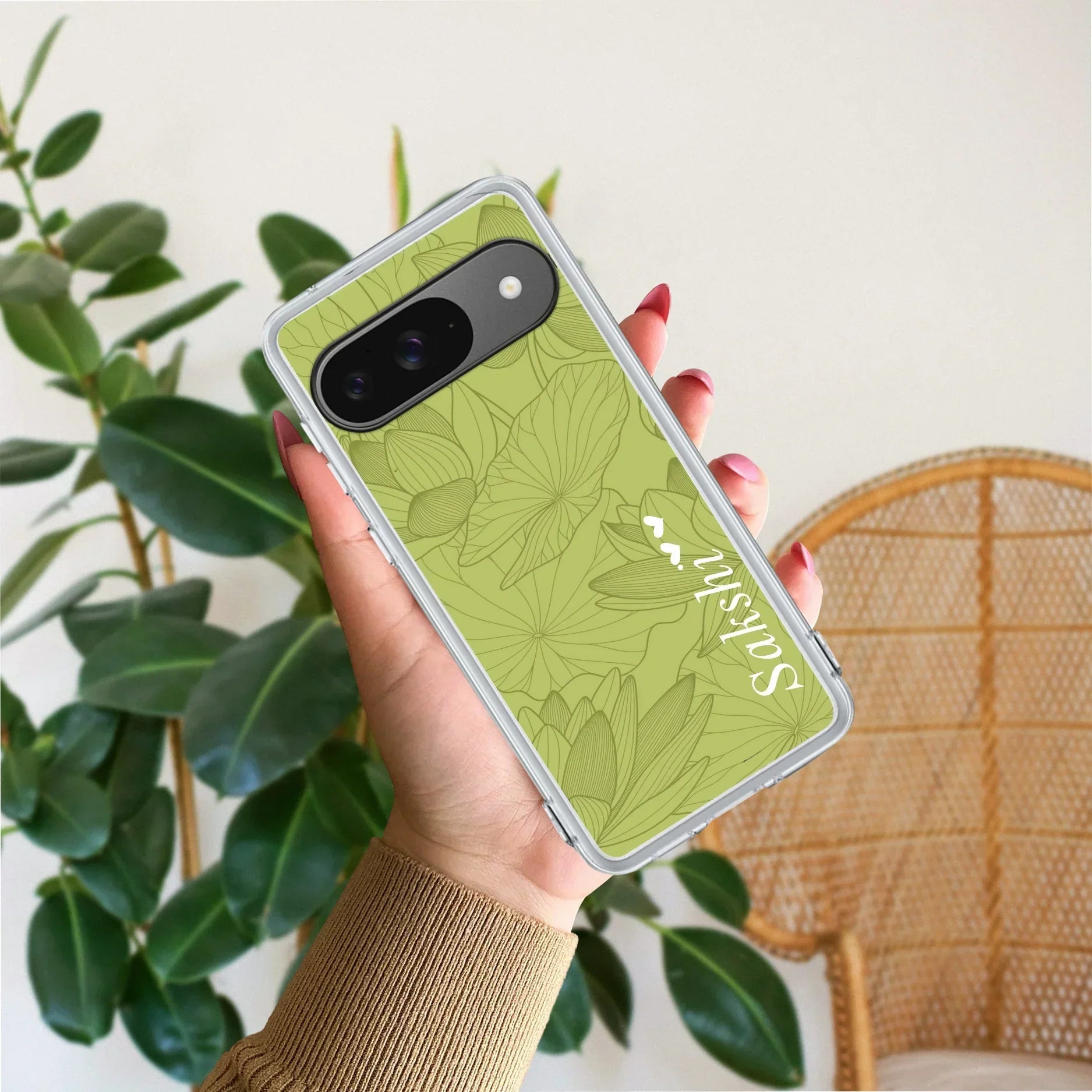 Customized luxury Mint Green leaves Transparent Silicon Case For Google Pixel 9