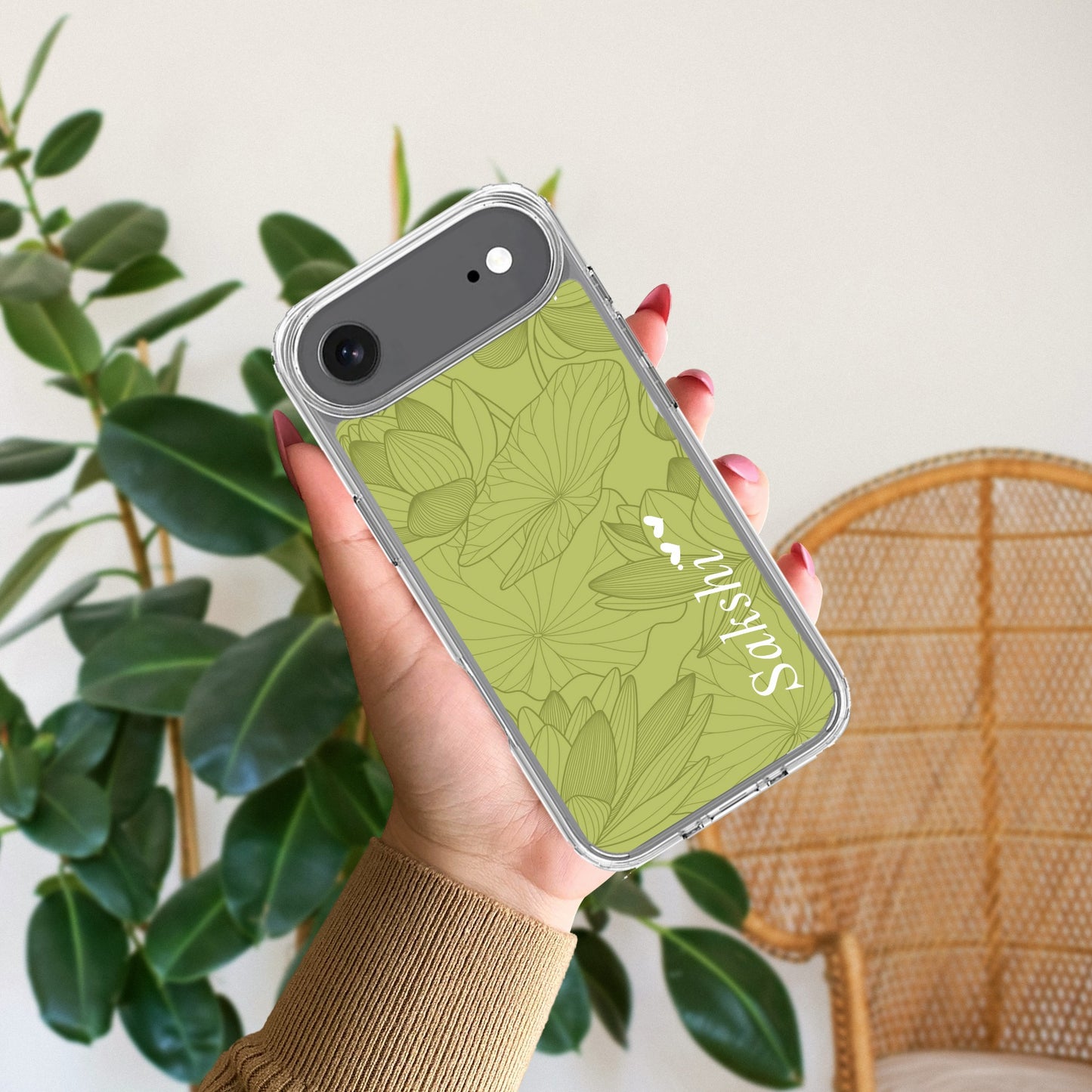 Customized luxury Mint Green leaves Transparent Silicon Case For iPhone