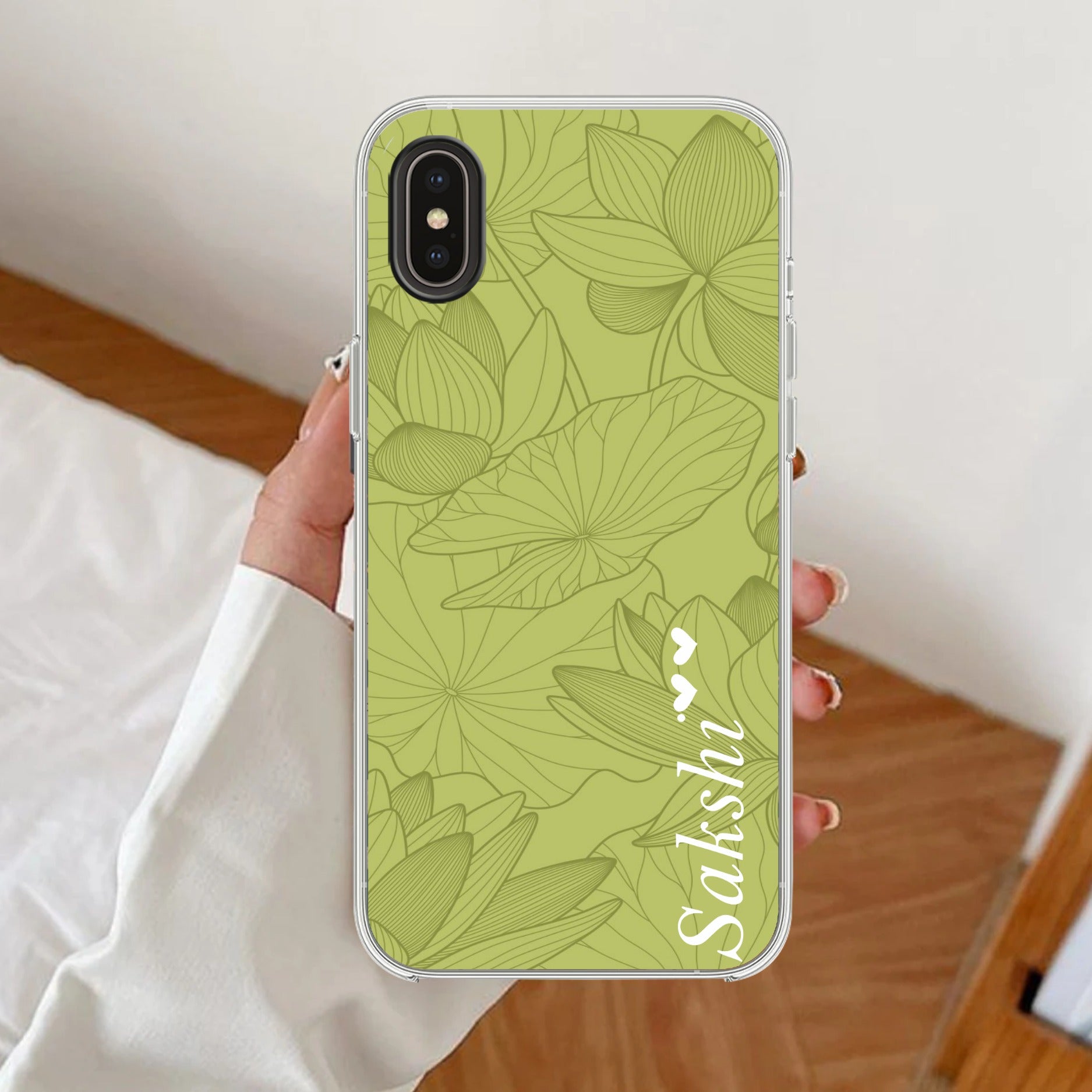 Customized luxury Mint Green leaves Transparent Silicon Case For iPhone