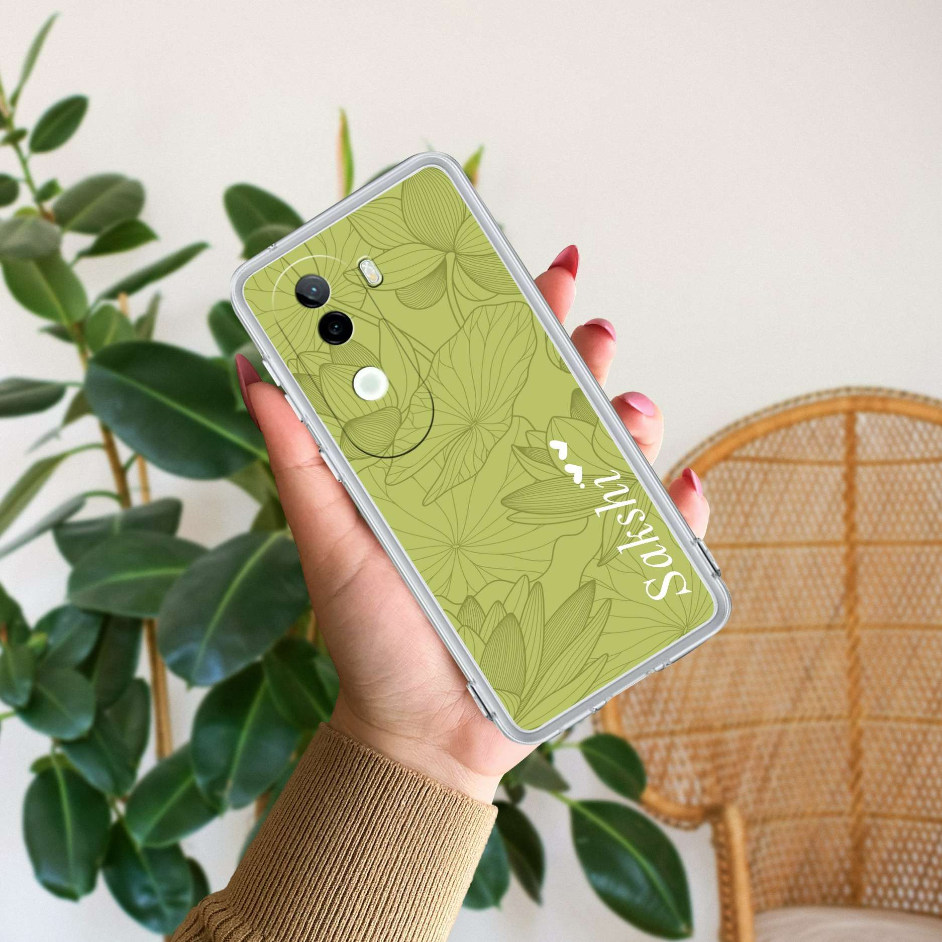 Customized luxury Mint Green leaves Transparent Silicon Case For Vivo