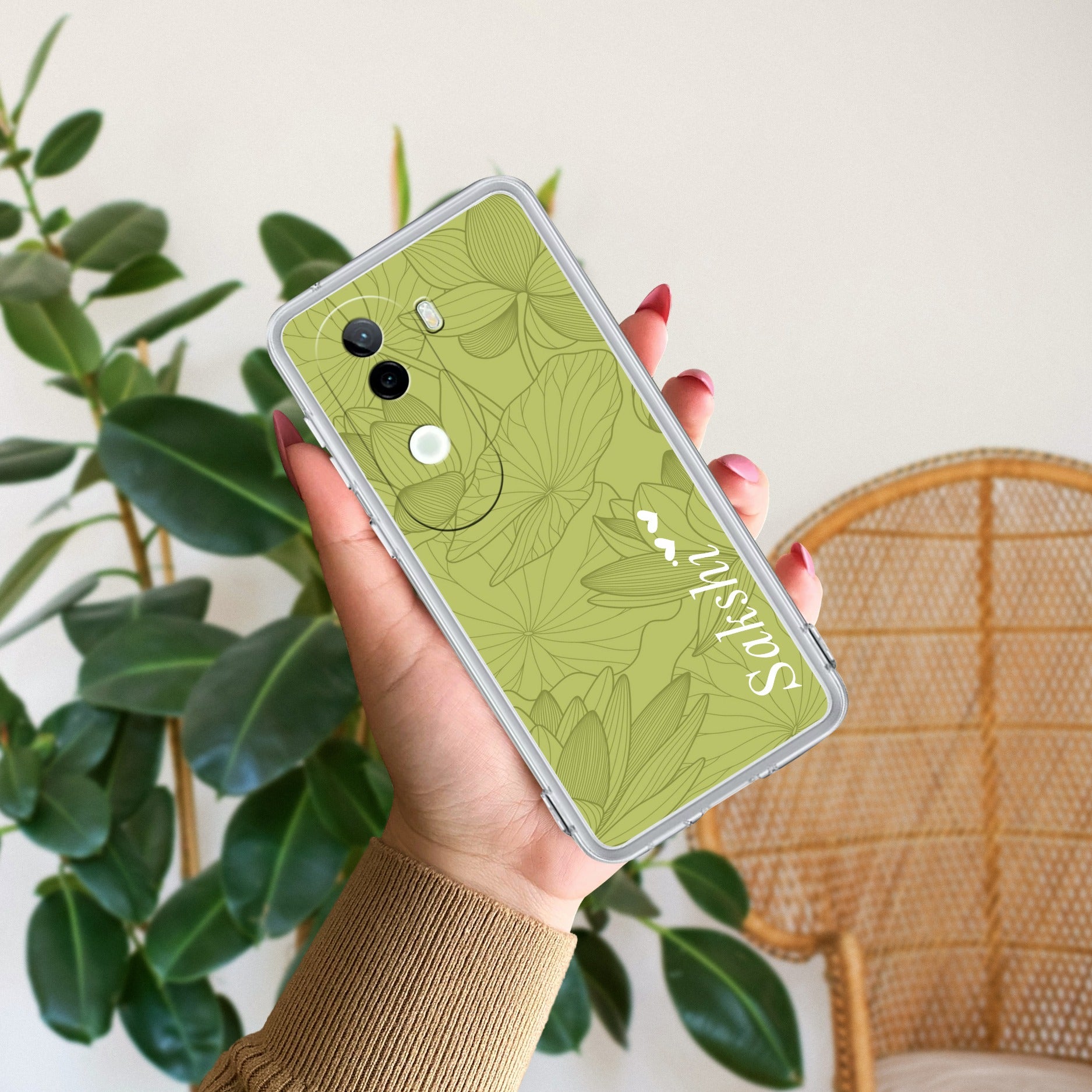 Customized luxury Mint Green leaves Transparent Silicon Case For Vivo