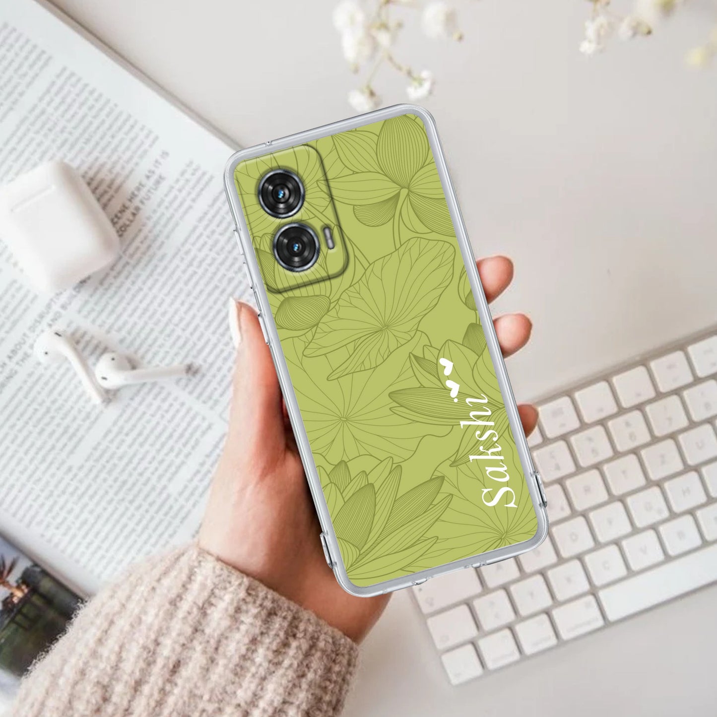 Customized luxury Mint Green leaves Transparent Silicon Case For Motorola