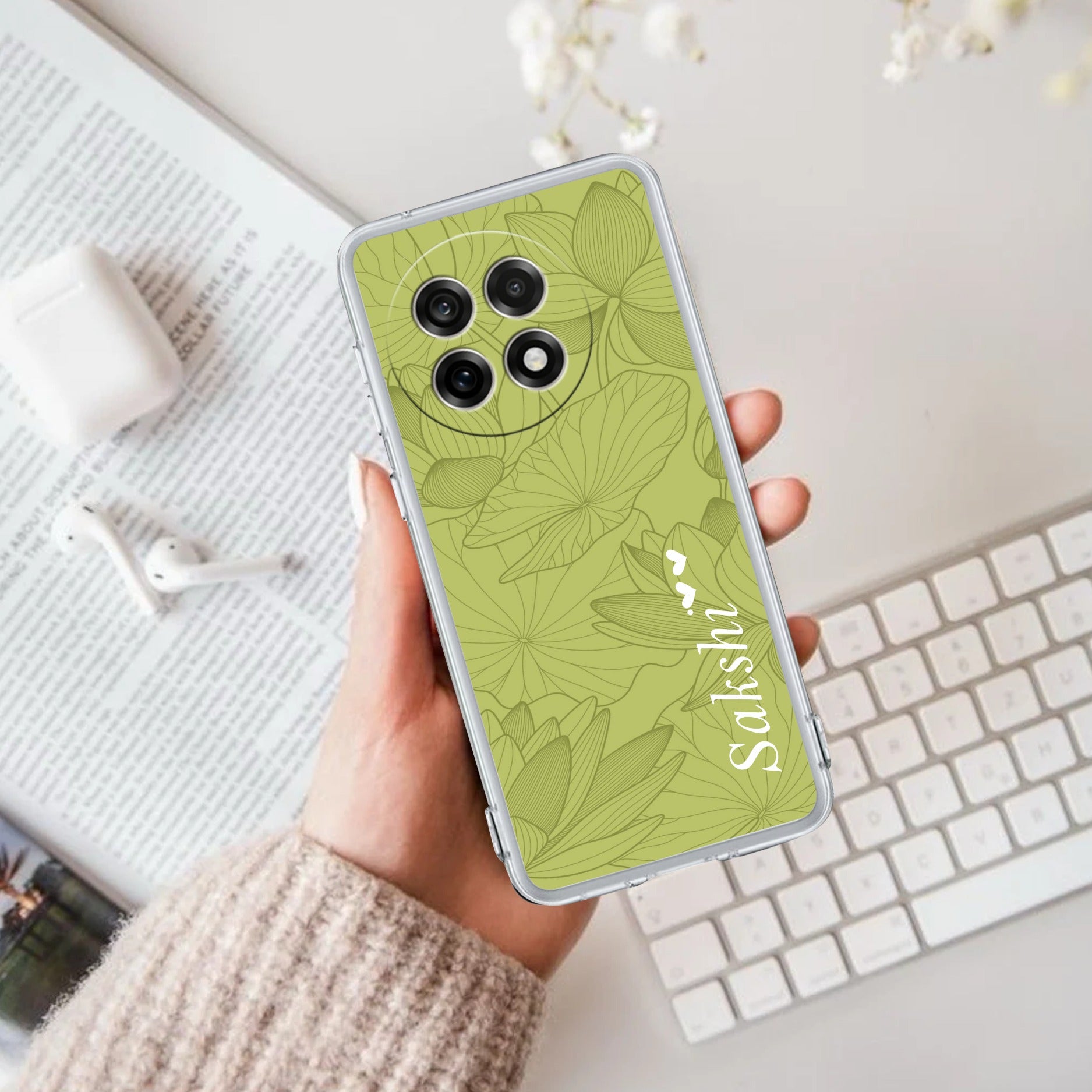 Customized luxury Mint Green leaves Transparent Silicon Case For OnePlus 13R 5G