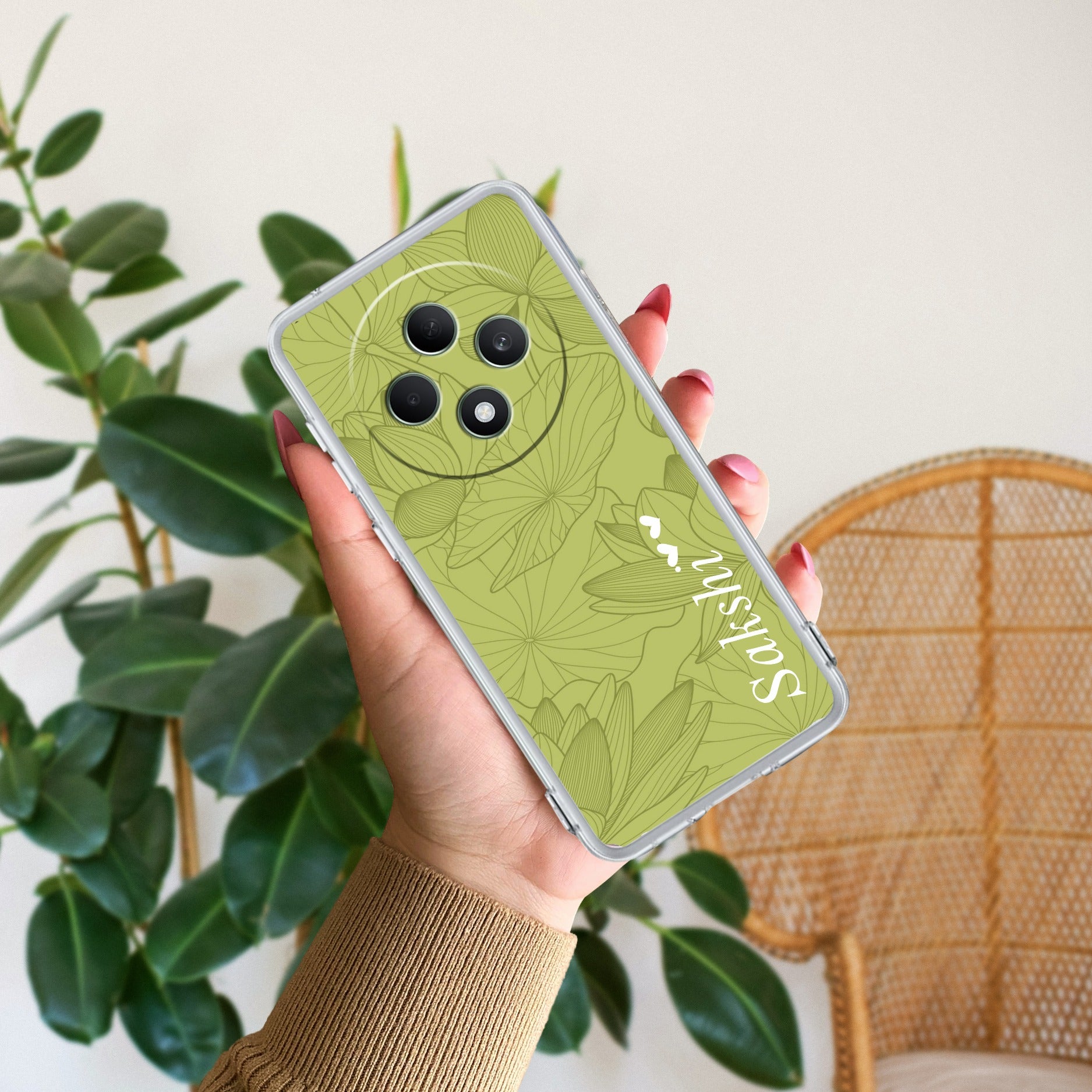 Customized luxury Mint Green leaves Anti Yellow Case For Oppo F27 Pro Plus 5G