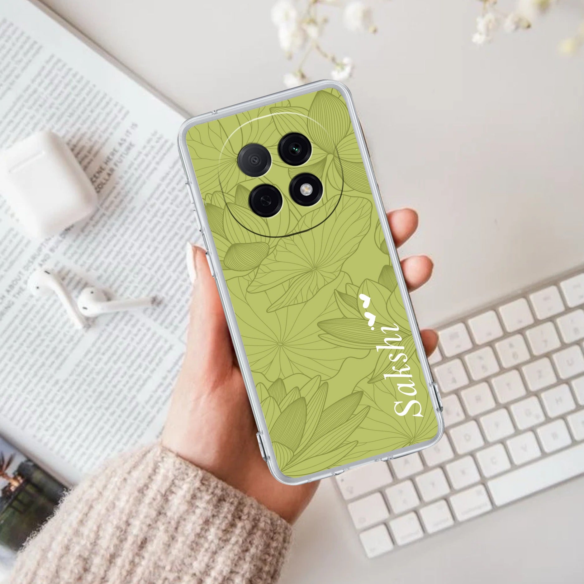 Customized luxury Mint Green leaves Anti Yellow Case For Oppo F29 Pro 5G