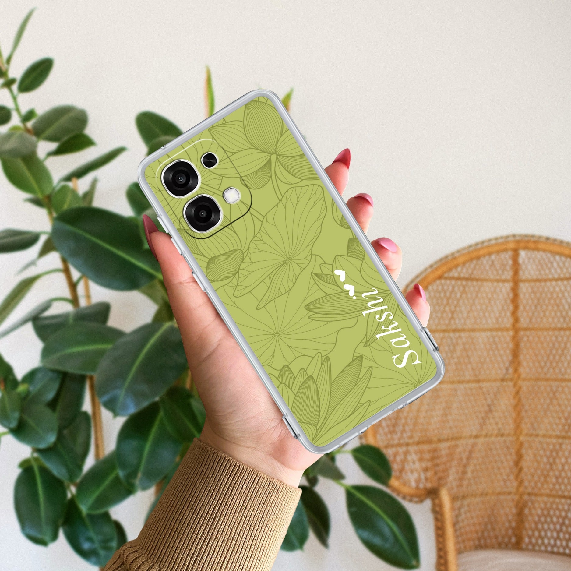 Customized luxury Mint Green leaves Transparent Silicon Case For Oppo F33 5G
