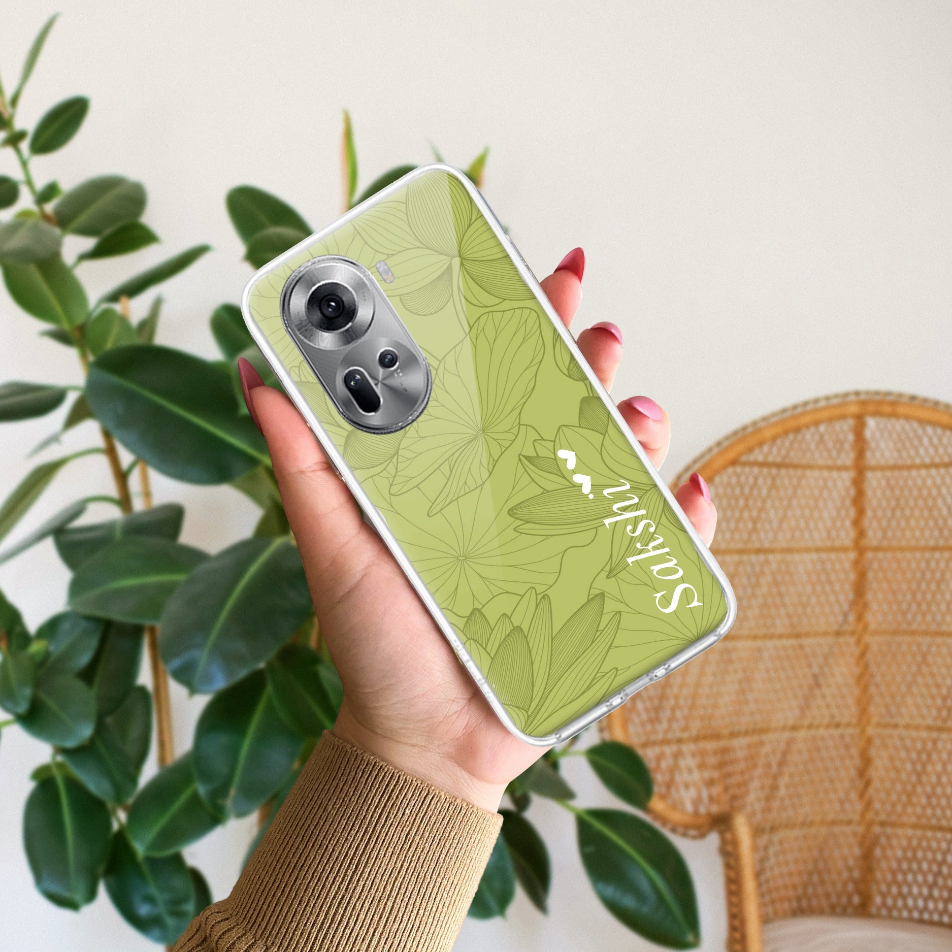 Customized luxury Mint Green leaves Transparent Silicon Case For Oppo Reno 11 5G