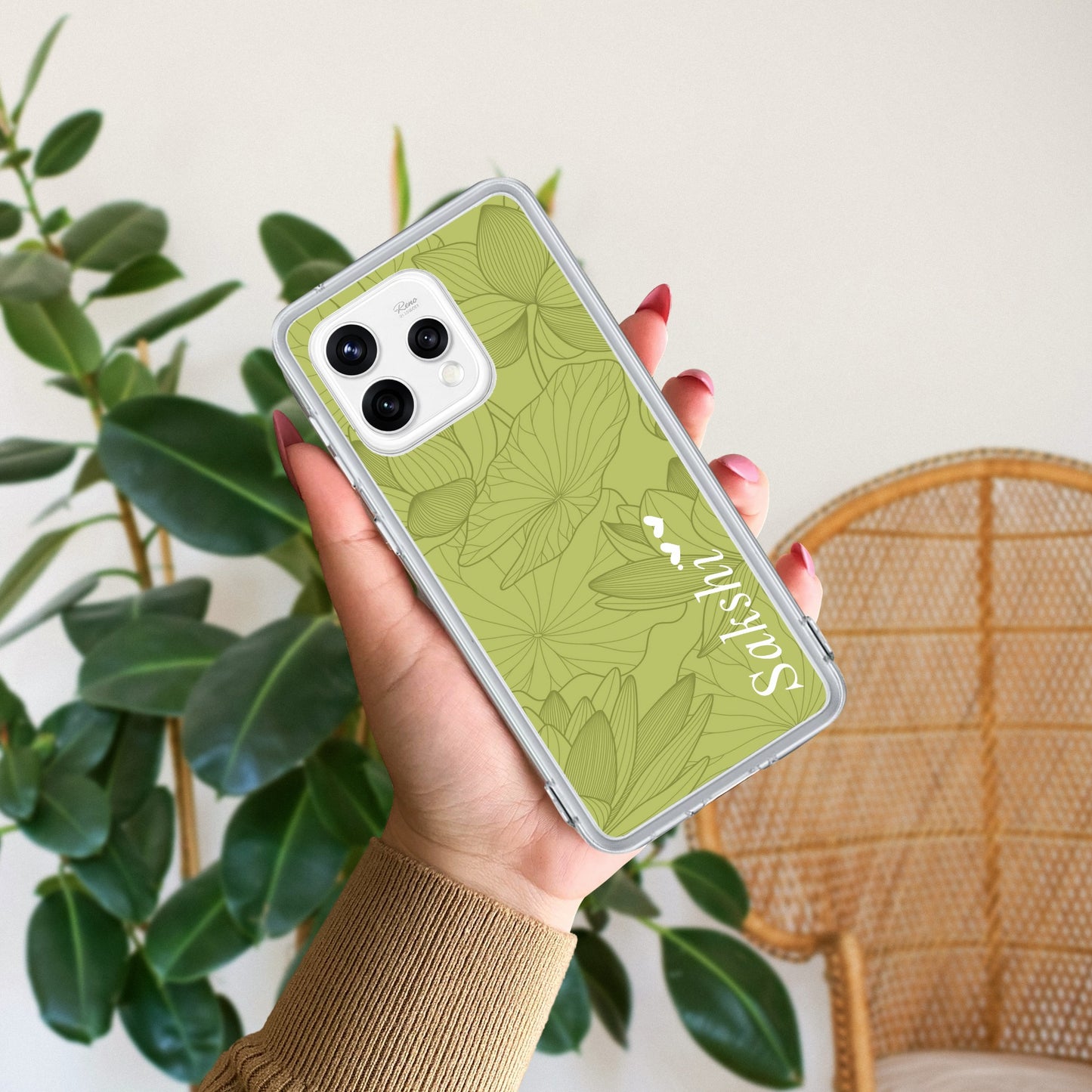 Customized luxury Mint Green leaves Transparent Silicon Case For Oppo