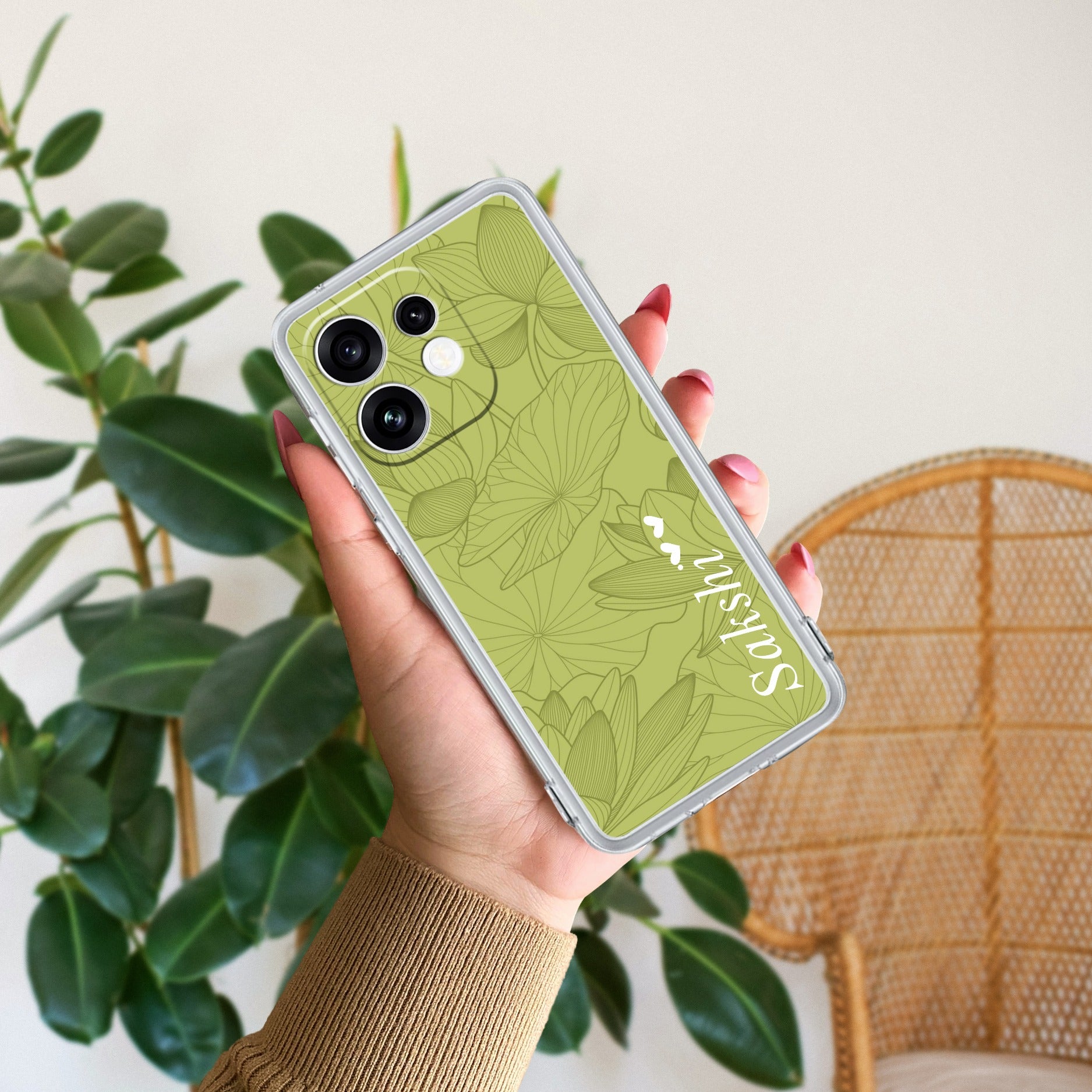 Customized luxury Mint Green leaves Anti Yellow Case For Oppo Reno 16 5G