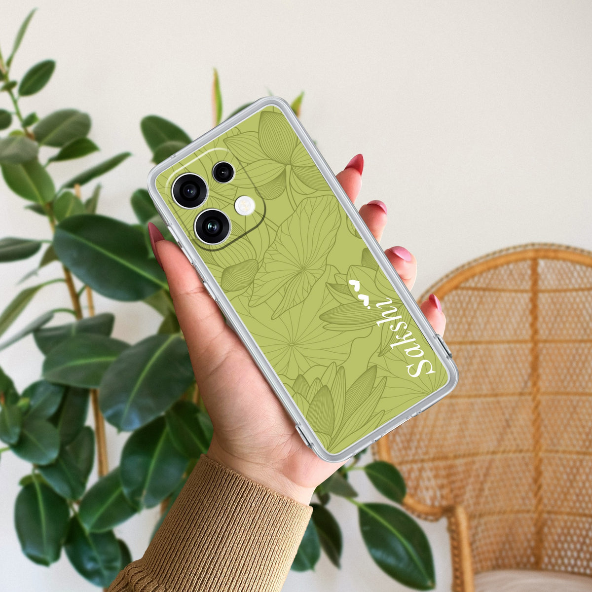 Customized luxury Mint Green leaves Anti Yellow Case For Oppo Reno 16C 5G