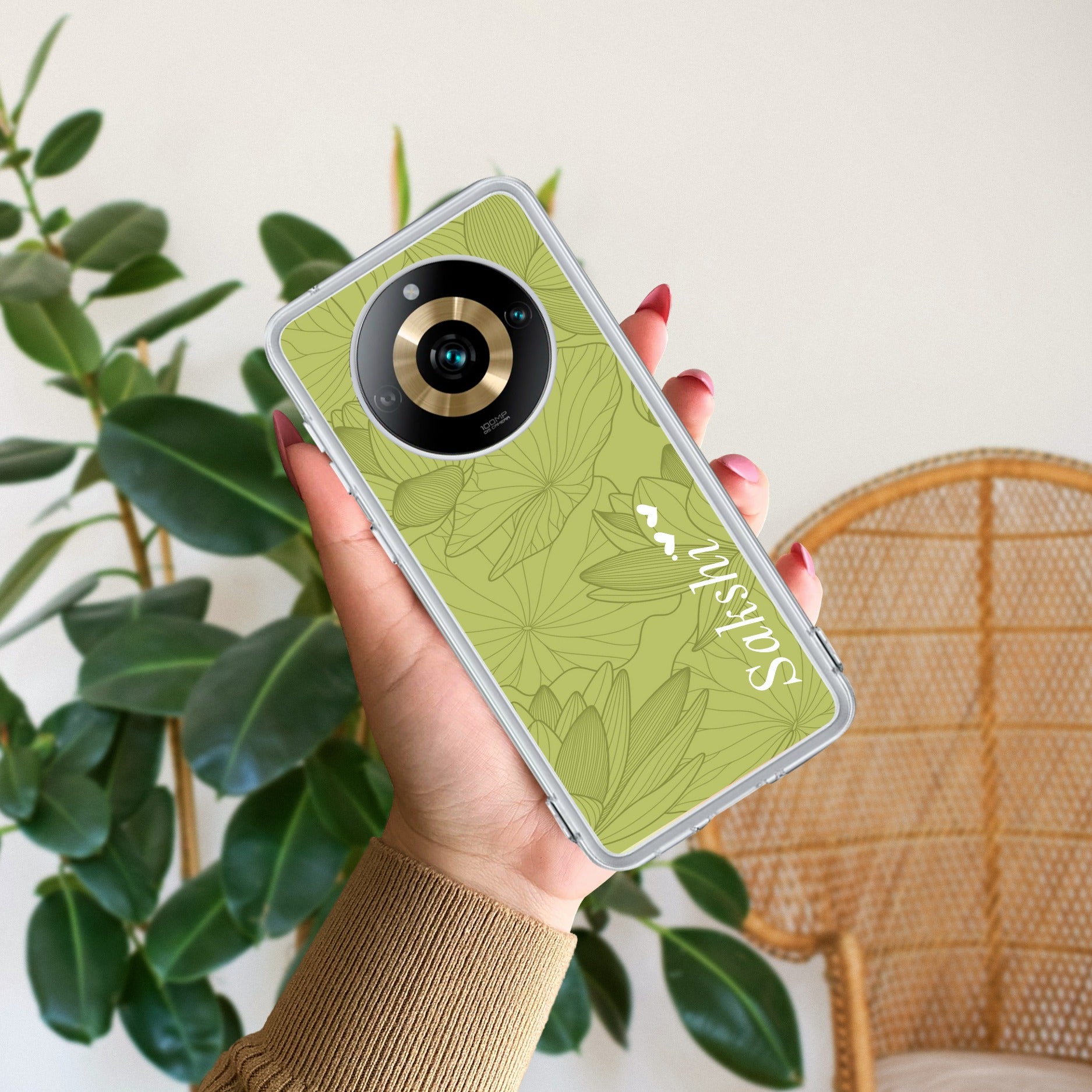 Customized luxury Mint Green leaves Anti Yelllow Case For Realme 11 Pro Plus 5G