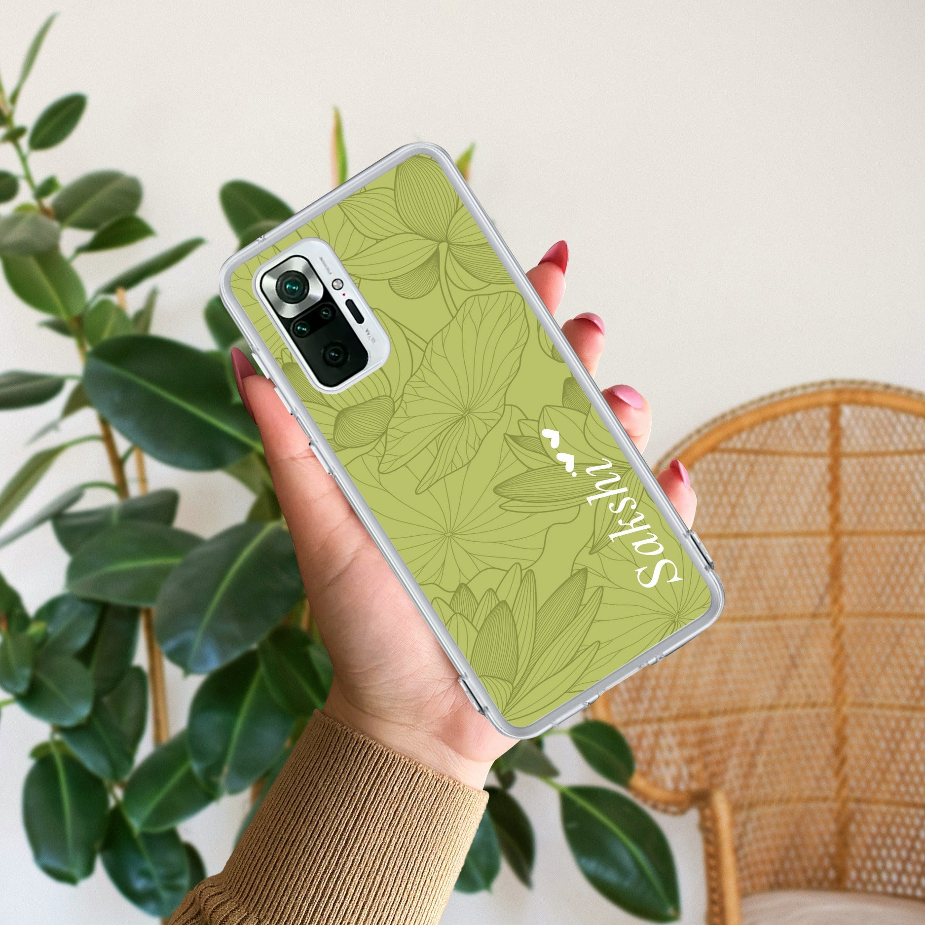 Customized luxury Mint Green leaves Transparent Silicon Case For Redmi Note 10 Pro