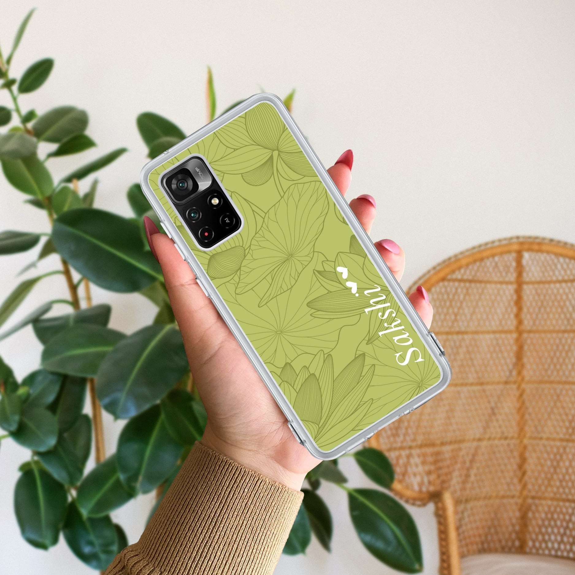 Customized luxury Mint Green leaves Anti Yellow Case For Redmi Note 11T 5G