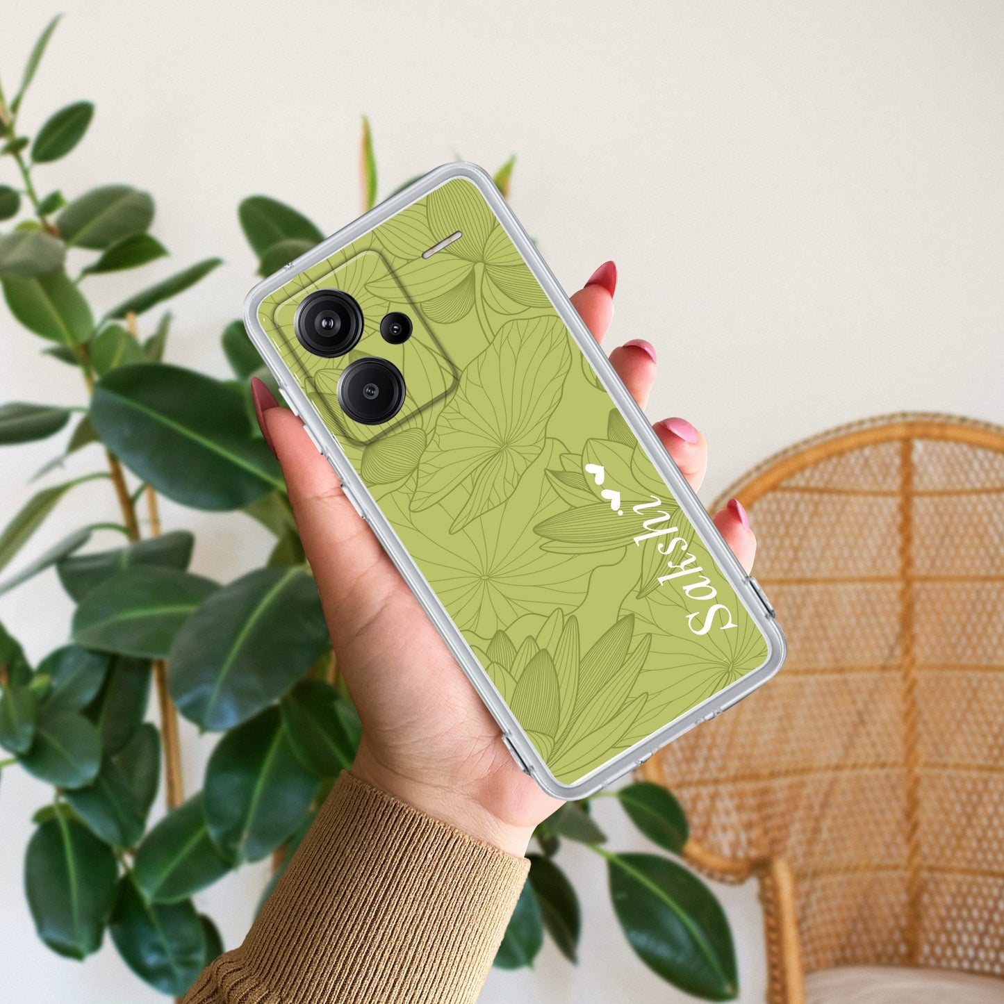 Customized luxury Mint Green leaves Transparent Silicon Case For Redmi/Xiaomi