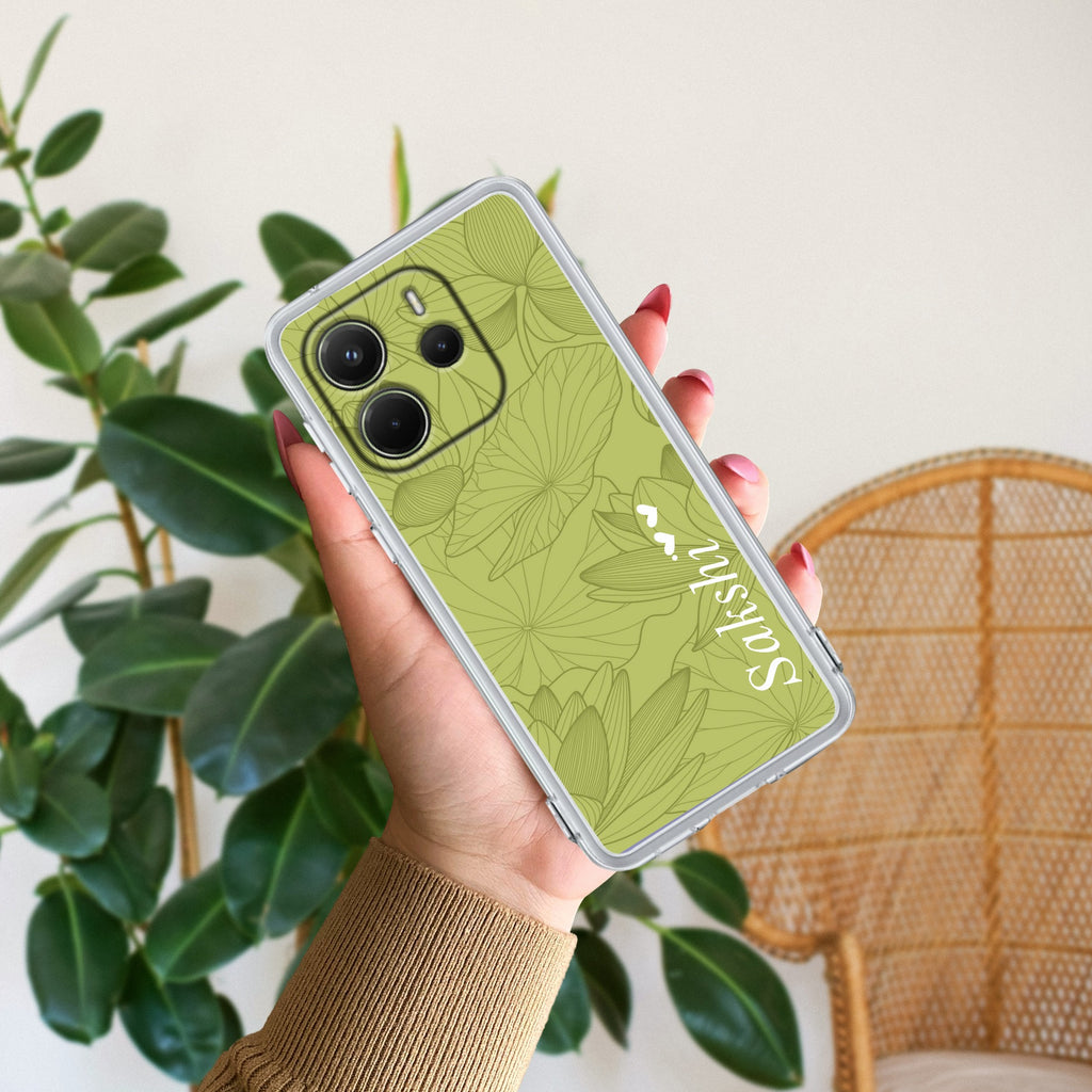 Customized luxury Mint Green leaves Transparent Silicon Case For Redmi Note 14 5G
