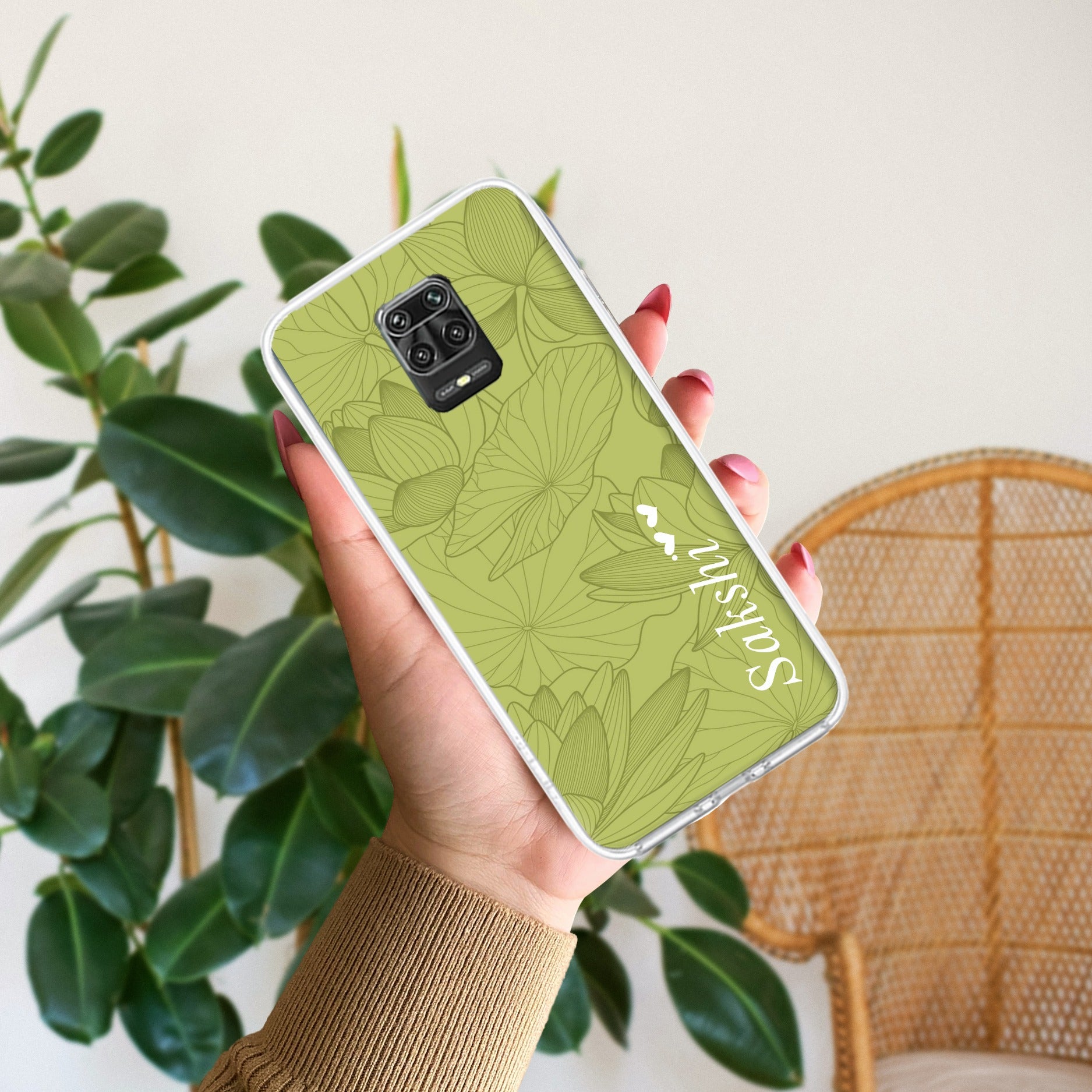 Customized luxury Mint Green leaves Transparent Silicon Case For Redmi Note 10 lite