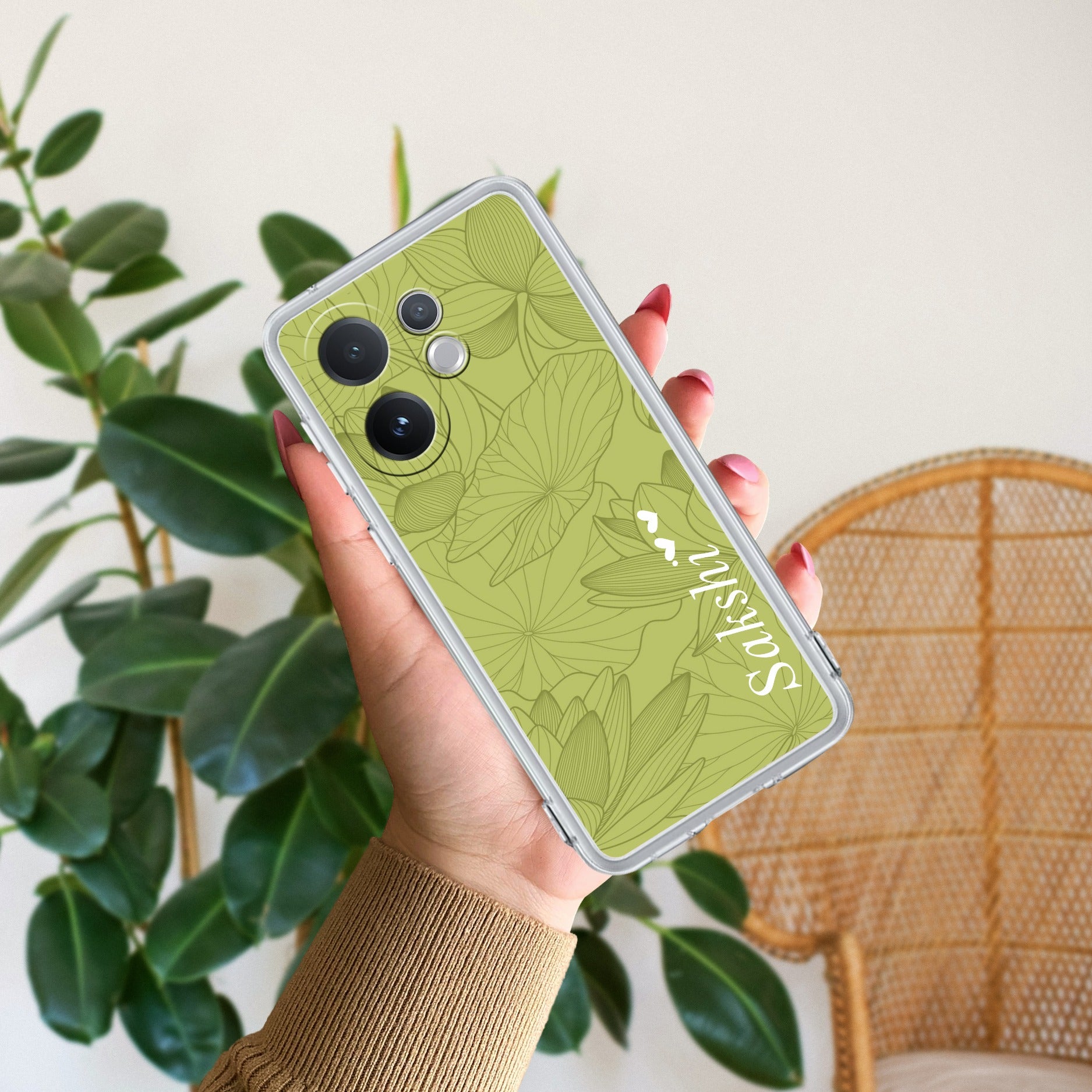 Customized luxury Mint Green leaves Transparent Silicon Case For Vivo