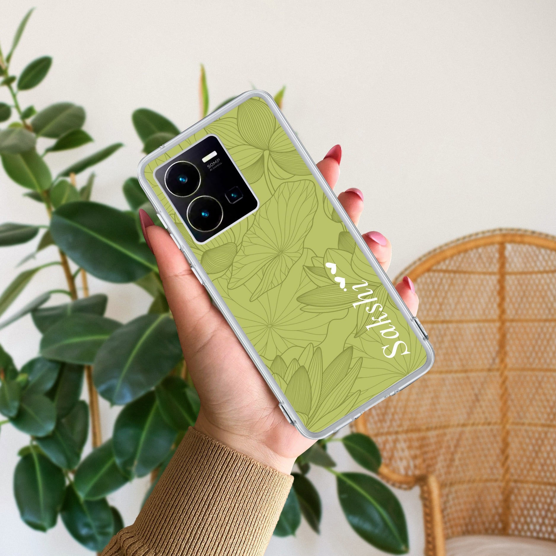 Customized luxury Mint Green leaves Transparent Silicon Case For Vivo Y35