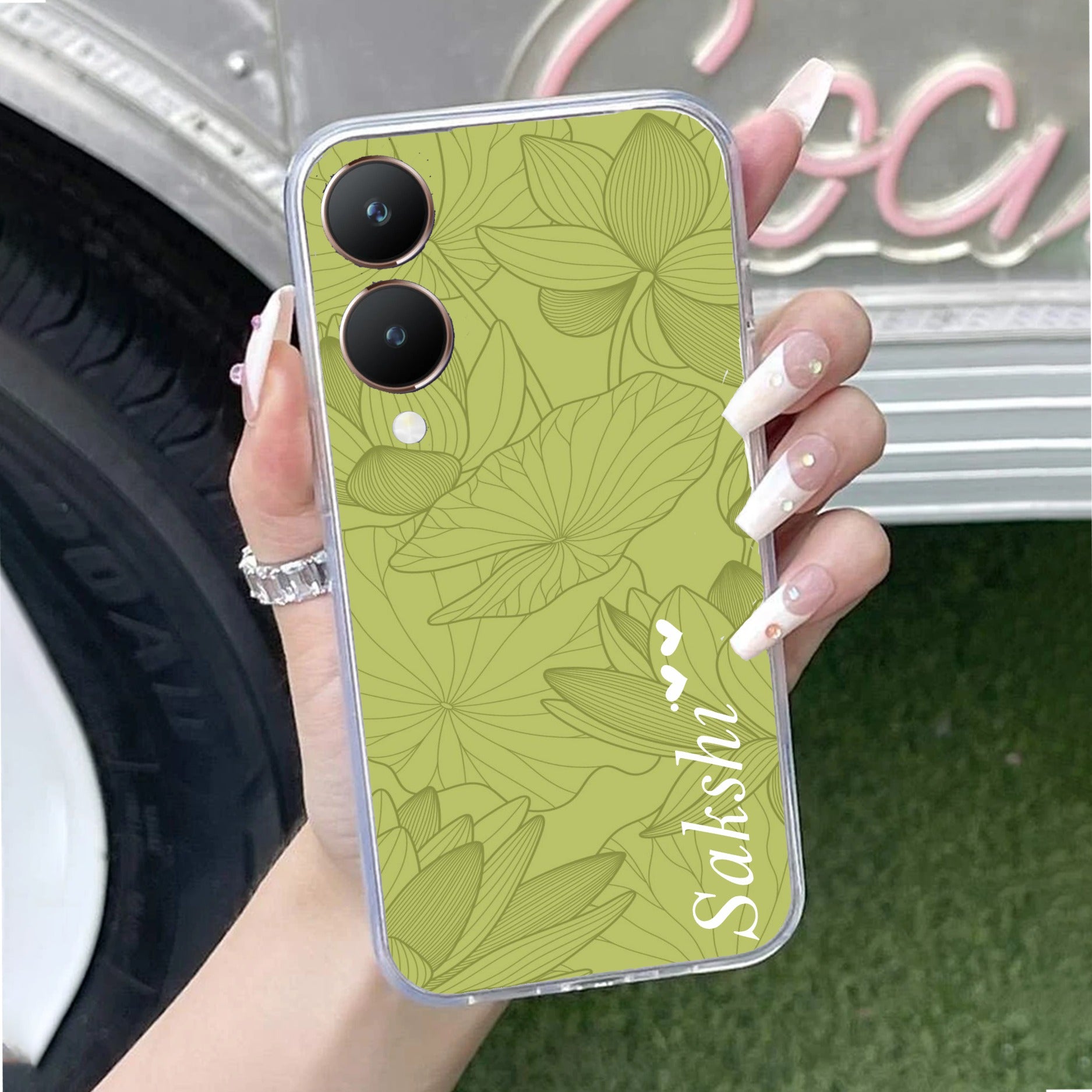 Customized luxury Mint Green leaves Transparent Silicon Case For Vivo Y28 5G