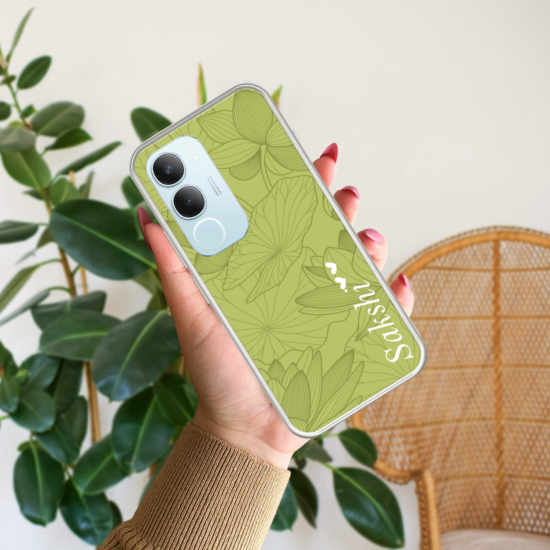 Customized luxury Mint Green leaves Transparent Silicon Case For Vivo Y29 5G